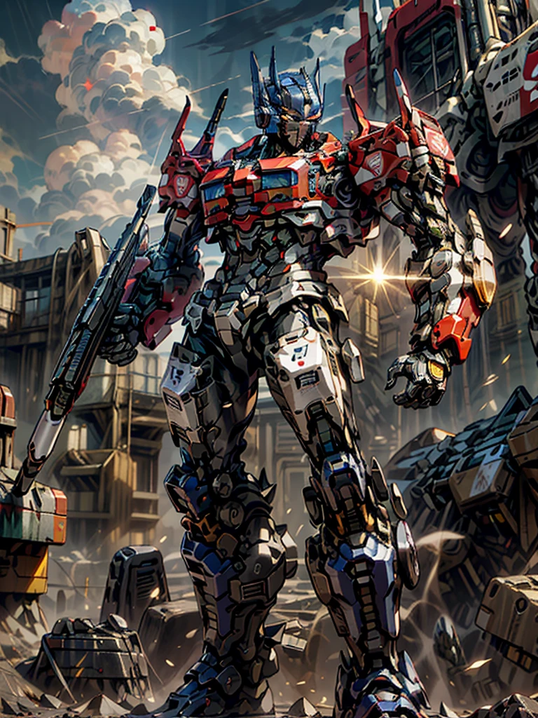 ((Best Quality)), ((Masterpiece)), (Very detailed: 1.3), 8K, cool painting, full of science fiction, optimus prime from transformer series standing in the city, holding a heavy machine gun, Gatling machine gun, streamlined red armor, complex weapons and equipment behind it,  mech,  aesthetics, perfect body proportions, heads-up view, standing posture, , missiles, rocks, futuristic technology, realism, dark clouds in the sky, dark war background, ray tracing, Light Particles, NVIDIA Trtx, Super Resolution, Unreal 5, Subsurface Scattering, Specular and Albedo Maps, Rule of Thirds, Large Aperture, Battle Stance, 8K Raw Data, High Efficiency Subpixels, Subpixel Convolution, Light Particle, Light Scattering, Tyndall Effect, Ray Tracing.