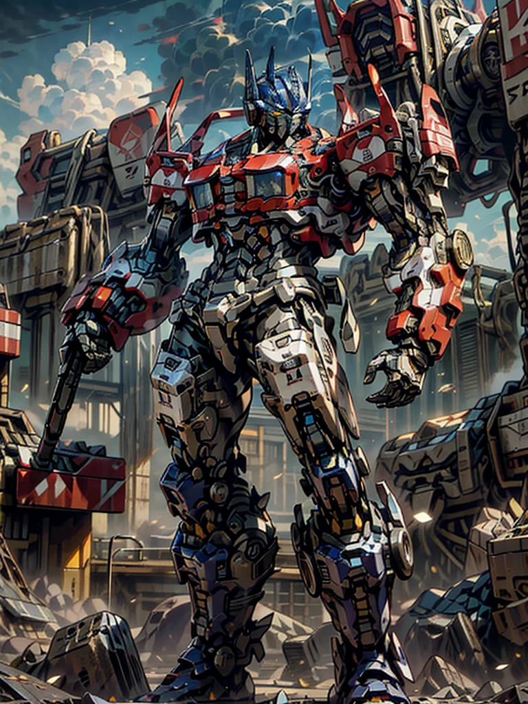 ((Best Quality)), ((Masterpiece)), (Very detailed: 1.3), 8K, cool painting, full of science fiction, optimus prime from transformer series standing in the city, holding a heavy machine gun, Gatling machine gun, streamlined red armor, complex weapons and equipment behind it,  mech,  aesthetics, perfect body proportions, heads-up view, standing posture, , missiles, rocks, futuristic technology, realism, dark clouds in the sky, dark war background, ray tracing, Light Particles, NVIDIA Trtx, Super Resolution, Unreal 5, Subsurface Scattering, Specular and Albedo Maps, Rule of Thirds, Large Aperture, Battle Stance, 8K Raw Data, High Efficiency Subpixels, Subpixel Convolution, Light Particle, Light Scattering, Tyndall Effect, Ray Tracing.