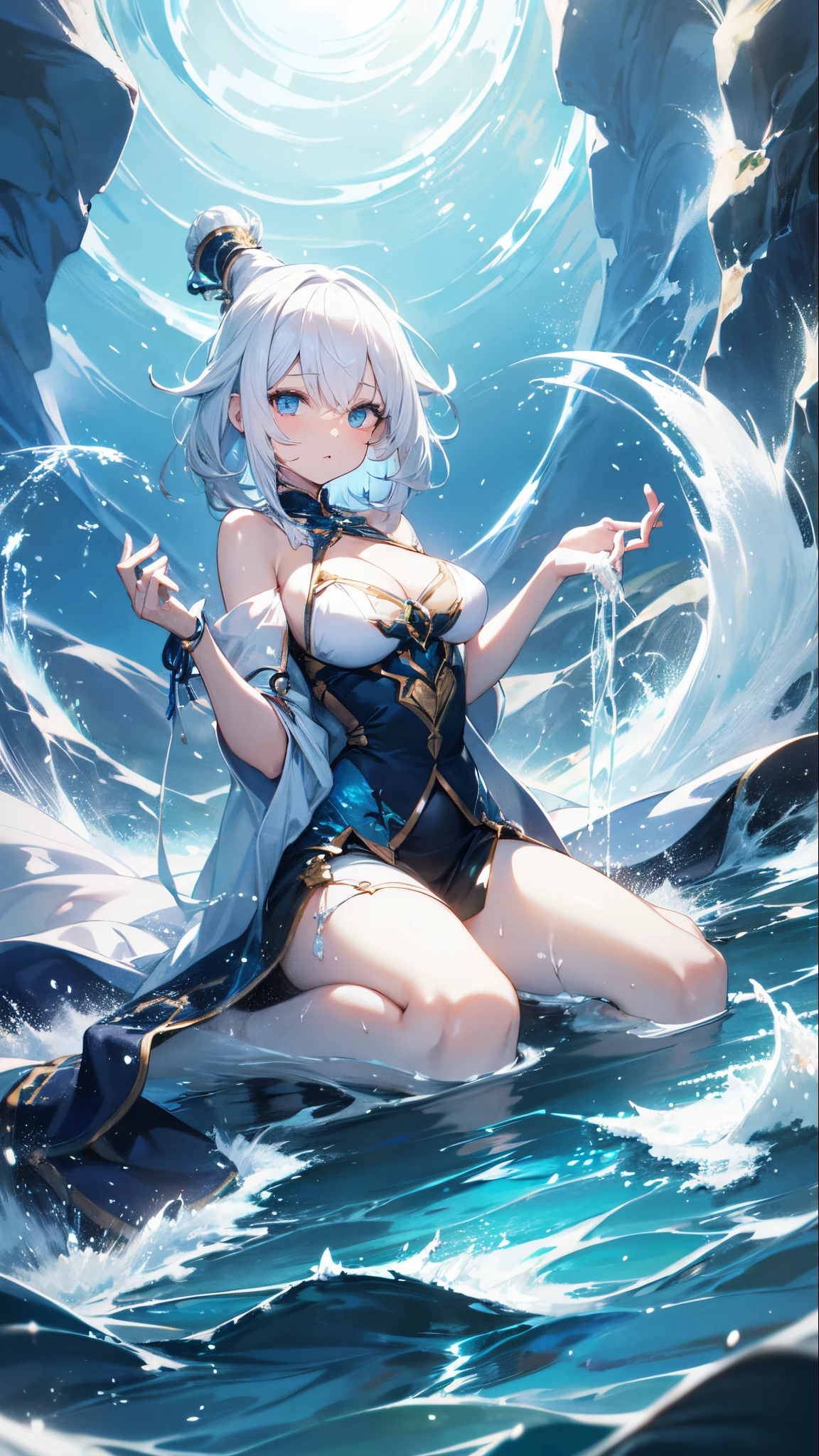 White hair, water, water on hand, water flowing down from hand, large breasts, colored background