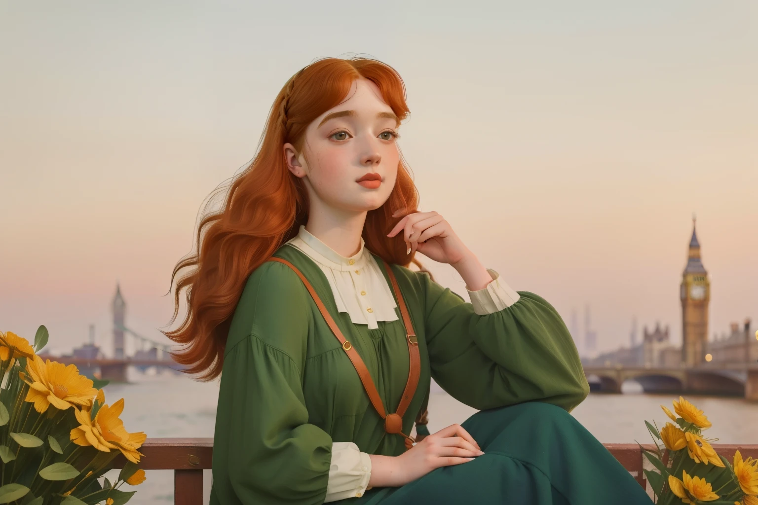 2023, London. Pre-raphaelite ((((30-year-old)) Anne Shirley)), ((happiness expression)), ((((casual Clothing from the 2020s)))), ((Hairstyle of the 2020s)), ((Wes Anderson cinematic style)), colorful