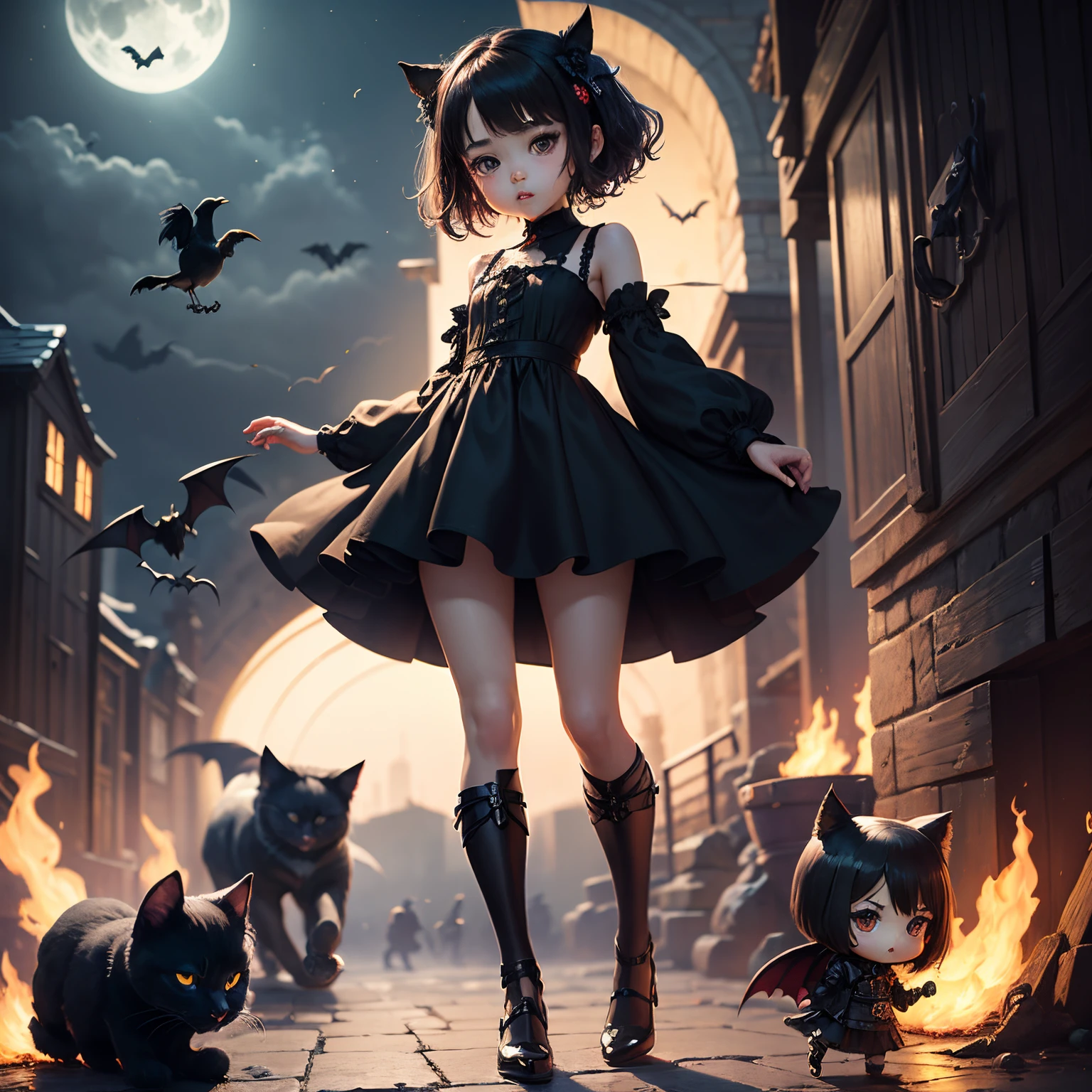 masterpiece、top-quality、ultra-detailliert、(1 daughter of a chibi character:1.3)、A dark-haired、Black nightdress、a dark night、(Black crow:1.1)、(Black bat:1.1)、(Black cat:1.1)、Standing、Shout