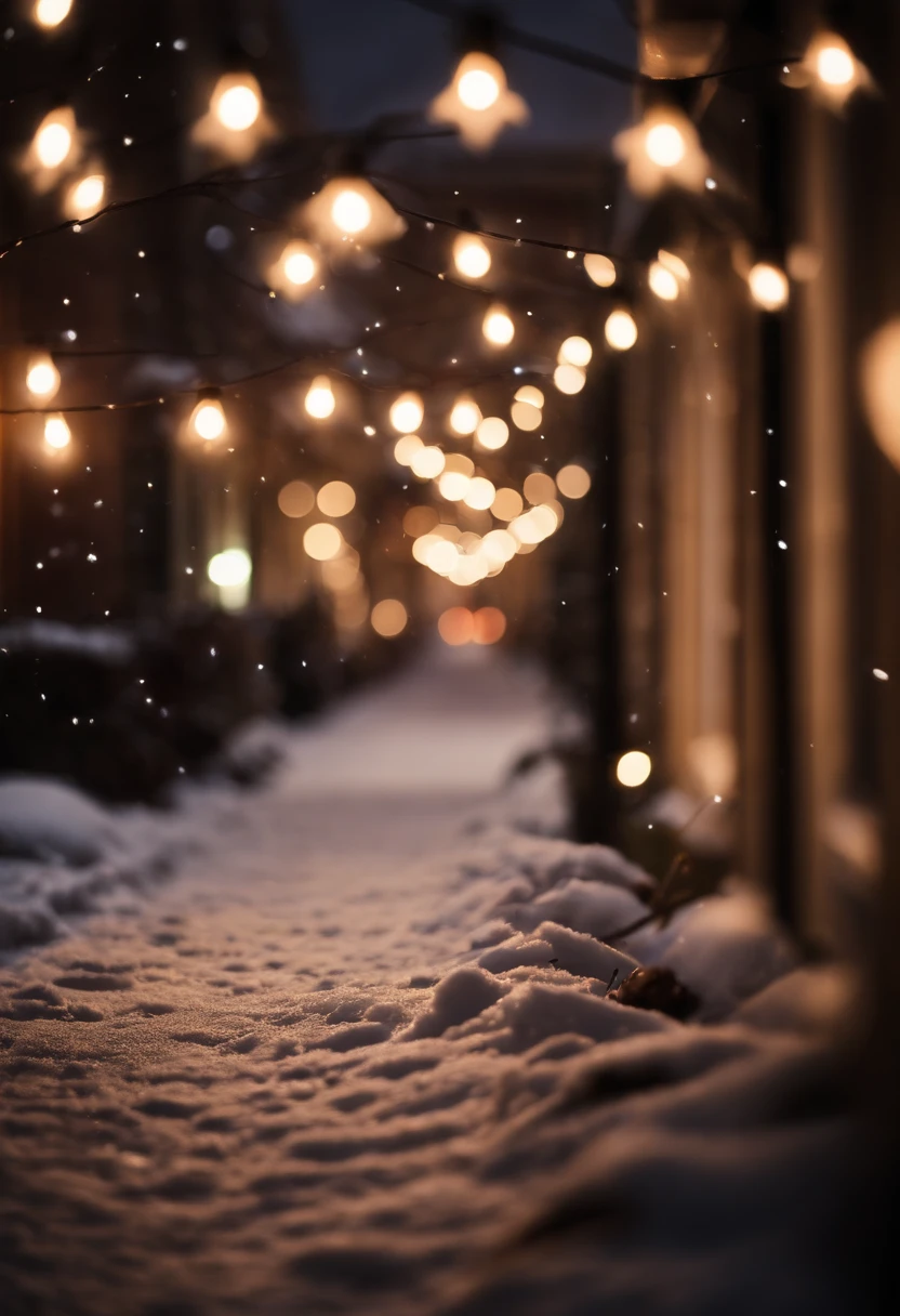 An aesthetic image of delicately hung Christmas lights illuminating a snowy street, casting a soft glow on the surrounding buildings and creating a magical winter scene.