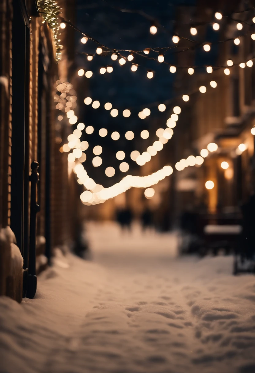 An aesthetic image of delicately hung Christmas lights illuminating a snowy street, casting a soft glow on the surrounding buildings and creating a magical winter scene.