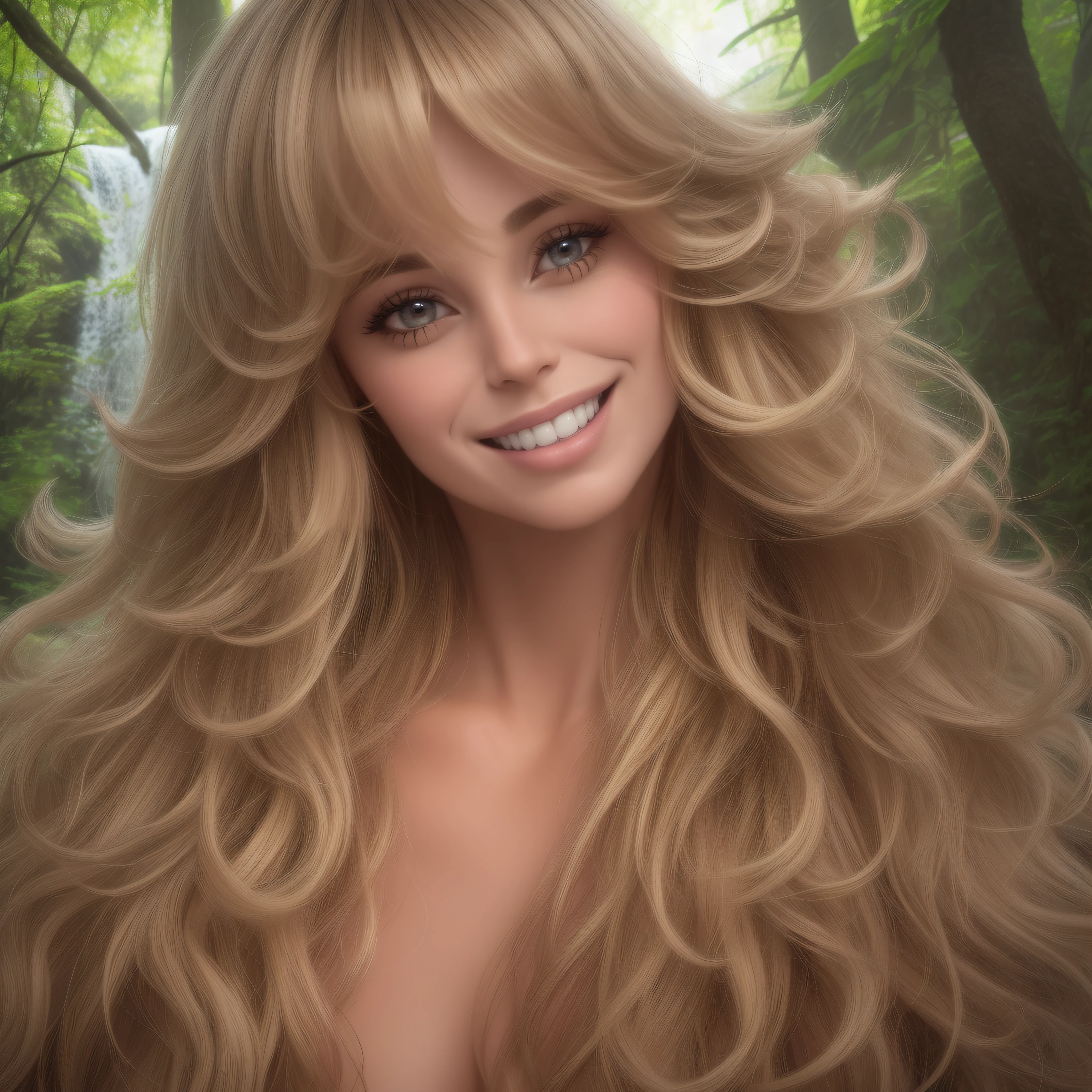 Farrah Fawcett, smiling a big, toothy smile, close-up, facial portrait, in the forest next to a waterfall, professional quality digital photograph, 32k UHD, hyper realistic, photorealistic, realistic, extremely colorful, highly detailed, sharp, vibrant, masterpiece, best quality, intricate details, gorgeous, cinematic, vibrant, focused, clear