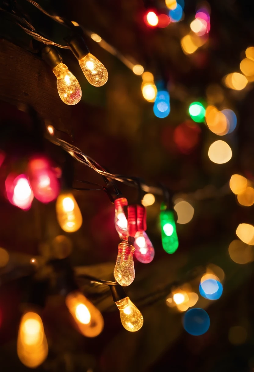A detailed close-up shot of intricately arranged Christmas lights on a house facade, showcasing different colors and patterns, and capturing the festive spirit of the season.