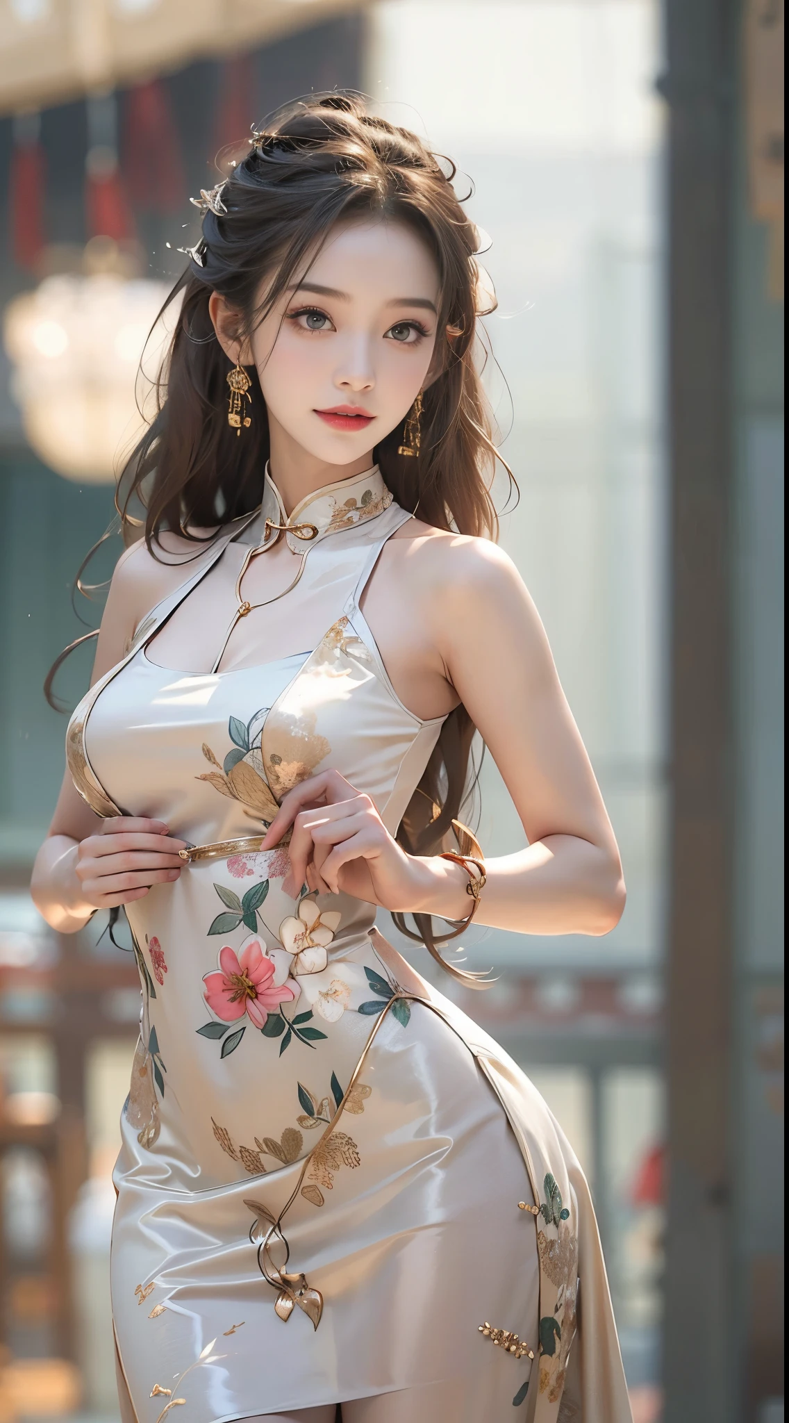 ((realistic)), ((from below)), a young girl, beautiful age girl, Silk material, Silk luster, on cheongsam, cropped shoulders, slim, Slimming the waist, high-heels, Shy, grin, Baring teeth, 耳Nipple Ring、choker necklace、Hairpins,Heavy makeup,Gorgeous eye makeup,extremely beautiful eyes, golden hair, curlies, Long flowing hair, simple backgound, sitting in the couch, posed for photo, posing elegantly, Random shooting angle, warm lights, a warm color palette, Professional lighting, フォトンマッピング, ラジオシティ, Physically-based rendering, RAW photos, Best quality, beauitful face, Beautiful skins, Attractive, 超高分辨率, ultra real photo