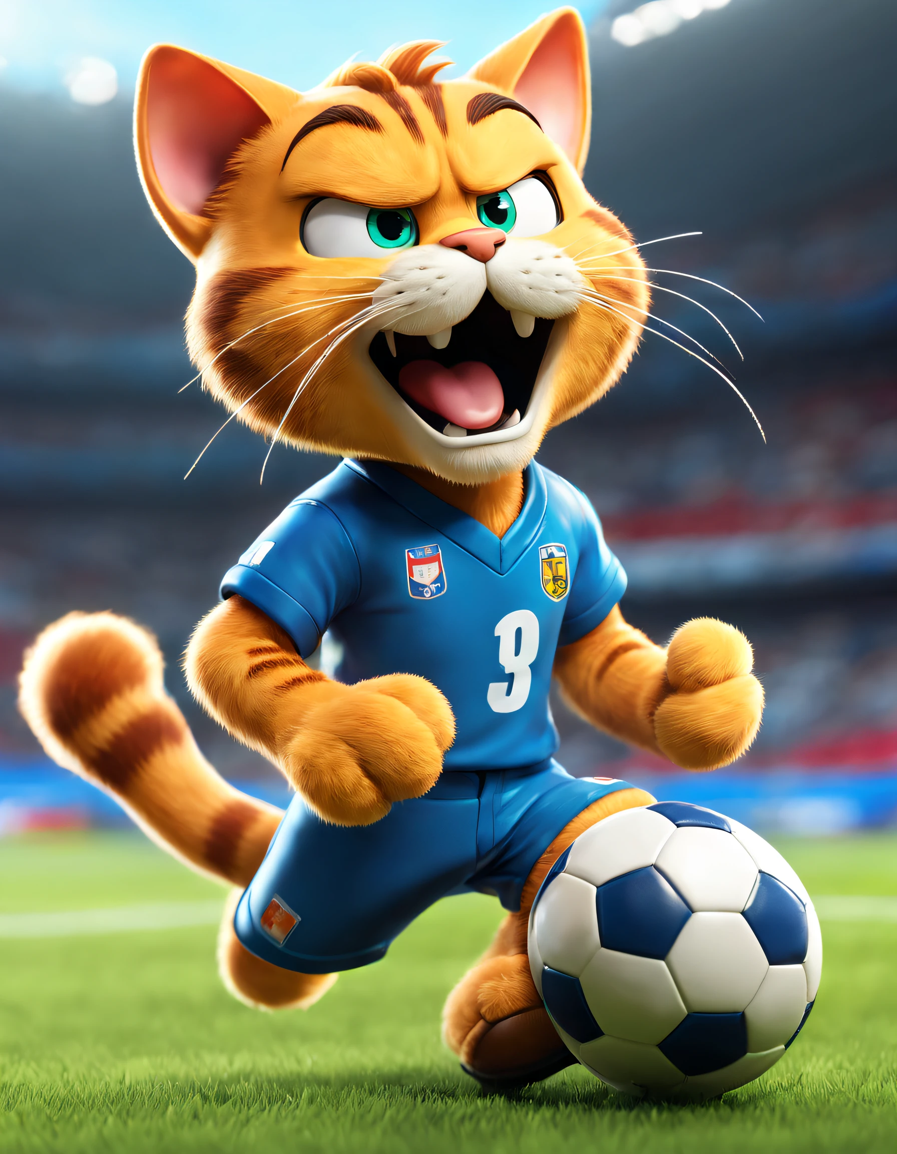 style of anime, motionblur, ray traycing, vignetting, tmasterpiece, super detailing, high detal, high high quality, Award-Awarded, A high resolution, 8K,
(There is a Garfield cat playing football), (The action of kicking the ball), Meaty cheeks,(Long tail:1.5),Wearing red tracksuit and blue football boots,size 10 shirt,blue soccer shoes,Hairy beard,,Exaggerated, Honest and cute expression, penalty kick,kick the ball,
Background with: football match scene,Football Goal 3D, Cartoonish, pixar-style, kawaii, anthropomorphic turtle,comic strip,