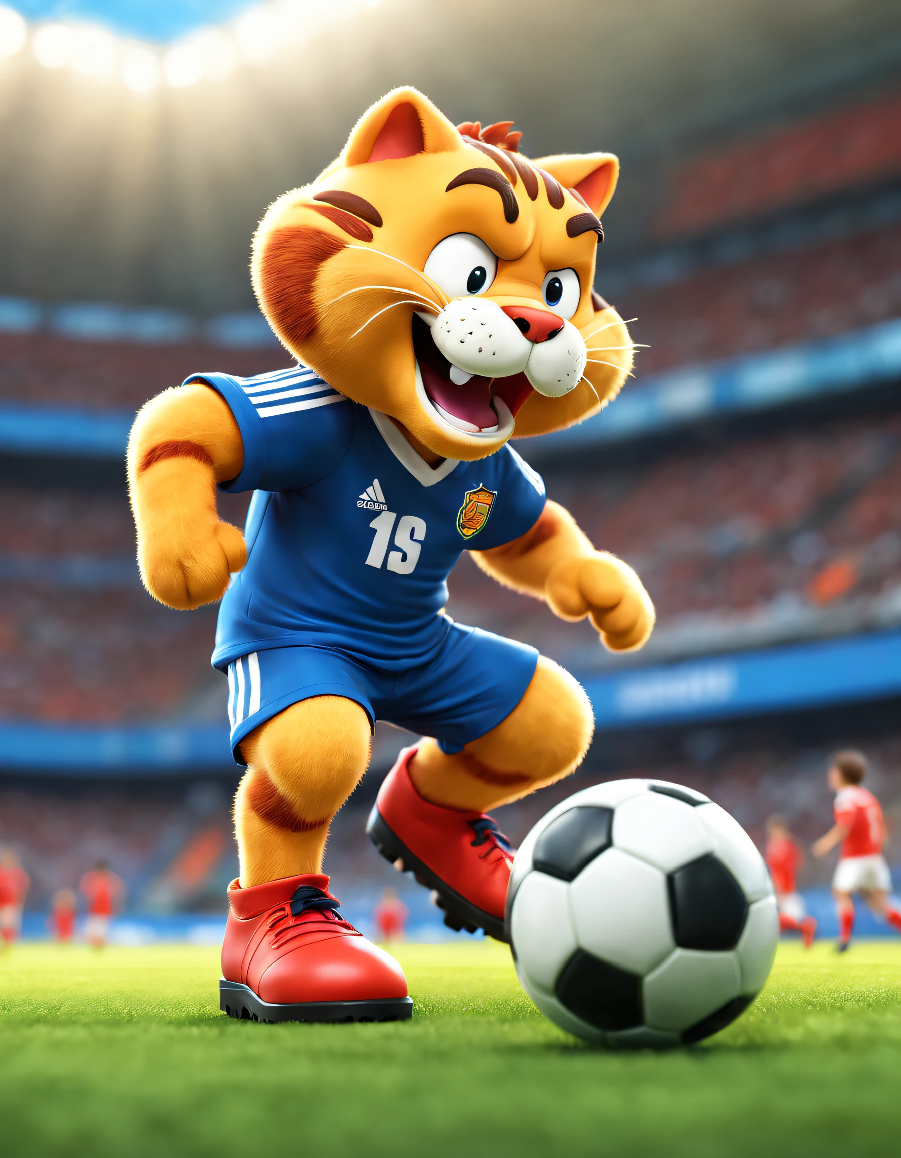 style of anime, motionblur, ray traycing, vignetting, tmasterpiece, super detailing, high detal, high high quality, Award-Awarded, A high resolution, 8K， 
(There is a Garfield playing football), （The action of kicking a ball）, Chubby round face，Wearing red and blue uniforms,soccer cleats，size 10 shirt，blue soccer shoes，（Long tail：1.5），exaggerated serious expression, ，Hairy beard,， 
Background with： football match scene，Football goal，
 3D, Cartoonish, pixar-style, kawaii, anthropomorphic turtle，comic strip，