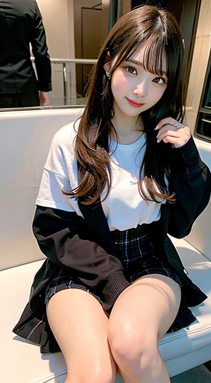 (in 8K, Raw photo:1.2)Detailed face and eyes,Best Quality, 超A high resolution, Highly detailed ,intricate detailes ,masutepiece ,Cute Girl , Soft cinematic light, Hyper-detailing,Sharp Focus, High quality, A dark-haired, Longhaire,White shirt、(black and white check miniskirt)、(sitting on)