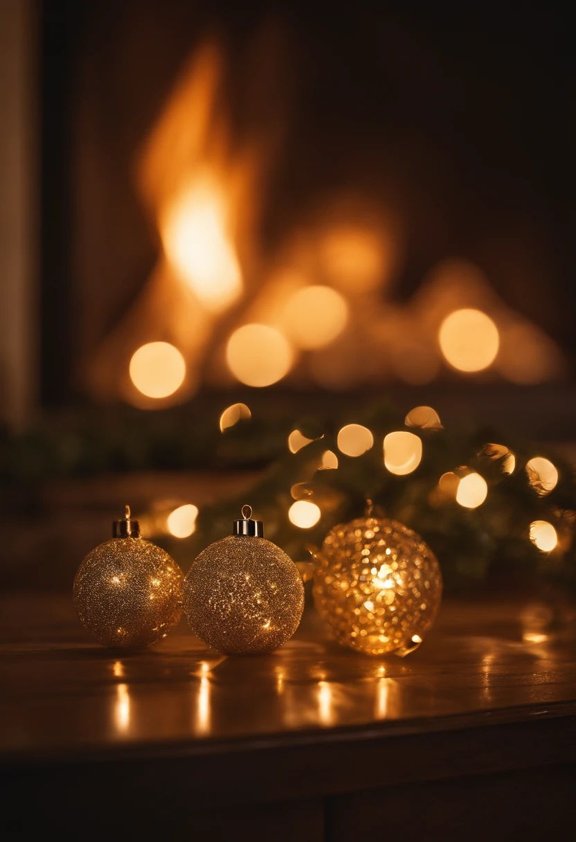 A realistic photograph of sparkling, golden Christmas lights draped around a cozy fireplace mantel, creating a warm and inviting ambiance.
