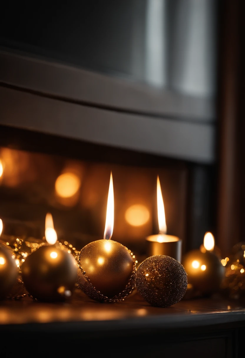 A realistic photograph of sparkling, golden Christmas lights draped around a cozy fireplace mantel, creating a warm and inviting ambiance.