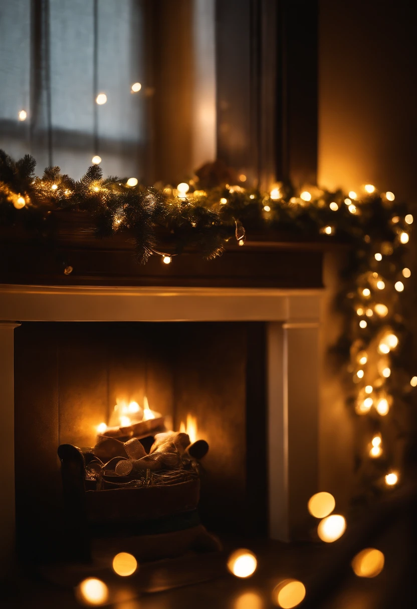 A realistic photograph of sparkling, golden Christmas lights draped around a cozy fireplace mantel, creating a warm and inviting ambiance.