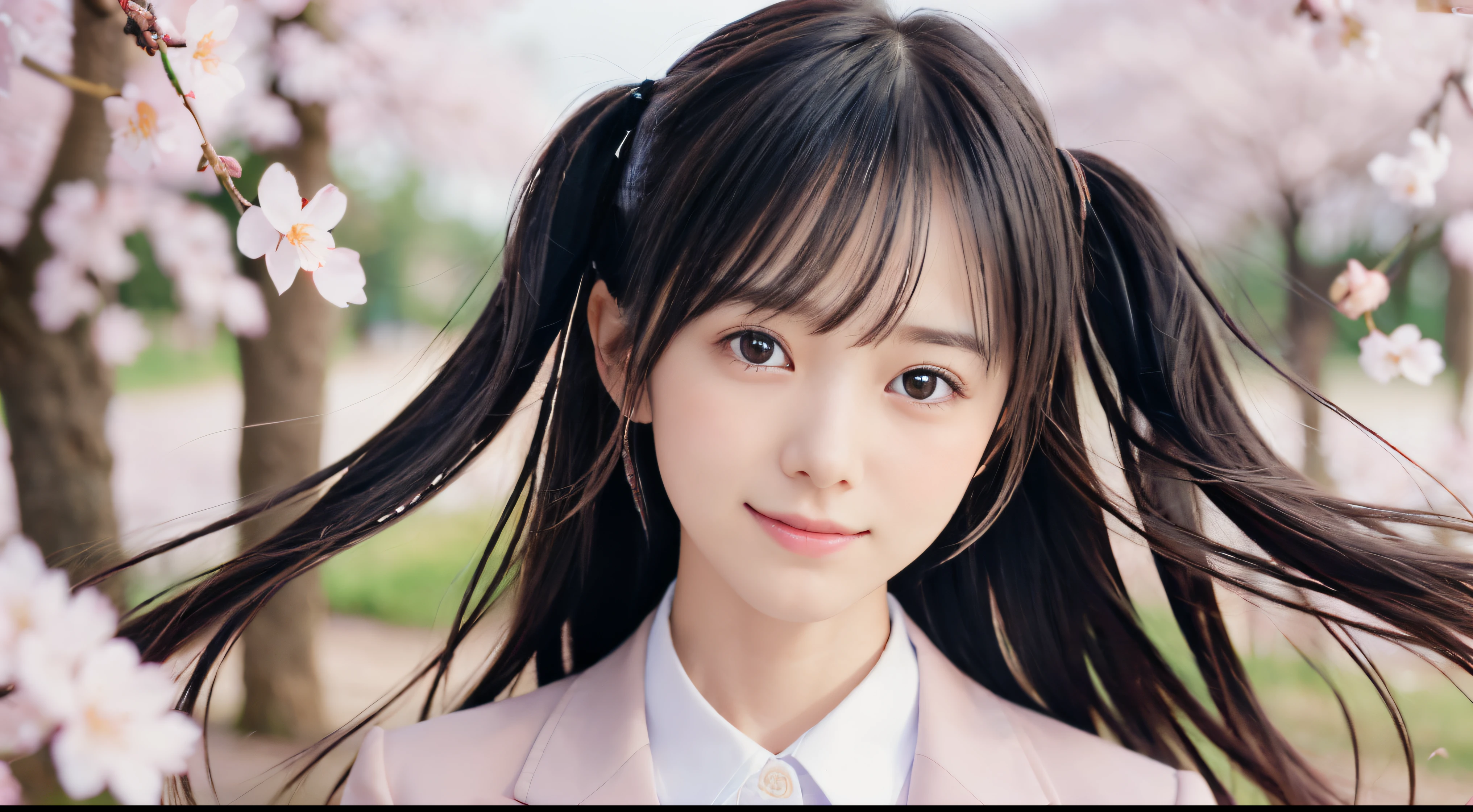 (Close up portrait of slender small breasts two side up  hair girl in pastel colored jacket and shirts:1.5)、(A girl open her arms wide with small smile and her hair fluttering :1.5)、(Rows of cherry blossom trees in full bloom and cherry blossom petals dancing in the wind:1.5)、(Blurry background,:1.5)、(Perfect Anatomy:1.3)、(No mask:1.3)、(complete fingers:1.3)、Photorealistic、Photography、masutepiece、top-quality、High resolution, delicate and pretty、face perfect、Beautiful detailed eyes、Fair skin、Real Human Skin、pores、((thin legs))、(Dark hair)