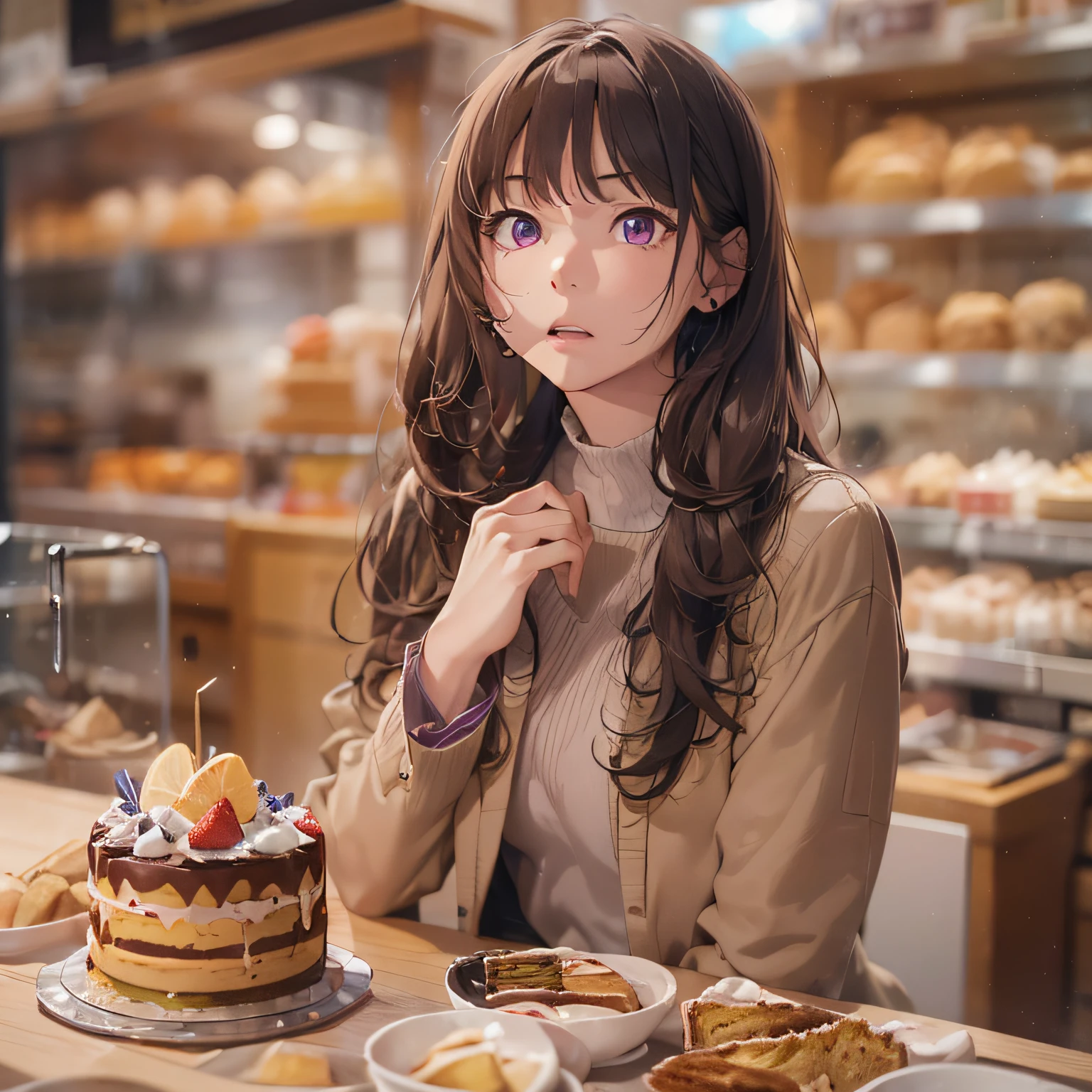 masterpiece、top-quality、(brown colored long hair、I have bangs:1.1)、25 year old woman with purple eyes、Wearing a beige suit、(emphasis on the chest:1.1)、(serious facial expression:1.3)、(Staring:1.5)、(Close-up of the subject's face:1.3)、is standing、five perfect and beautiful fingers、Place the camera above the subject、The background is a cake shop、Bold composition、Upper body is shown、Alone、