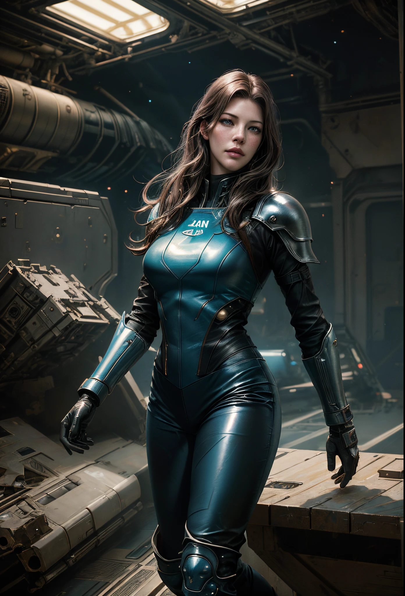 ((best quality)), ((masterpiece)), ((ultra-realistic)), (dynamic sexy pose), Jim Lee's sublimely detailed soft oil painting, professional body shot, female sci-fi warrior, ((wearing clear skin) tight tight sexy futuristic armor )), ((tight leather pants)), ((knee-high leather boots)) beautiful, highly detailed blue eyes, freckles, thick black eyeliner, black eyeshadow, (creepy, dark, destroyed space station interior background), (liv tyler|Katheryn Winnick) , masterpiece, realistic, rough, ultra-realistic , masterpiece, realistic, roughness, ultra-realistic, shot with Canon EOS R5, 50mm lens, muted colors, F/2.8, HDR, 8k resolution, high, high detail, sharp focus, smooth, roughness, real life, photorealism, photography, 8k uhd,