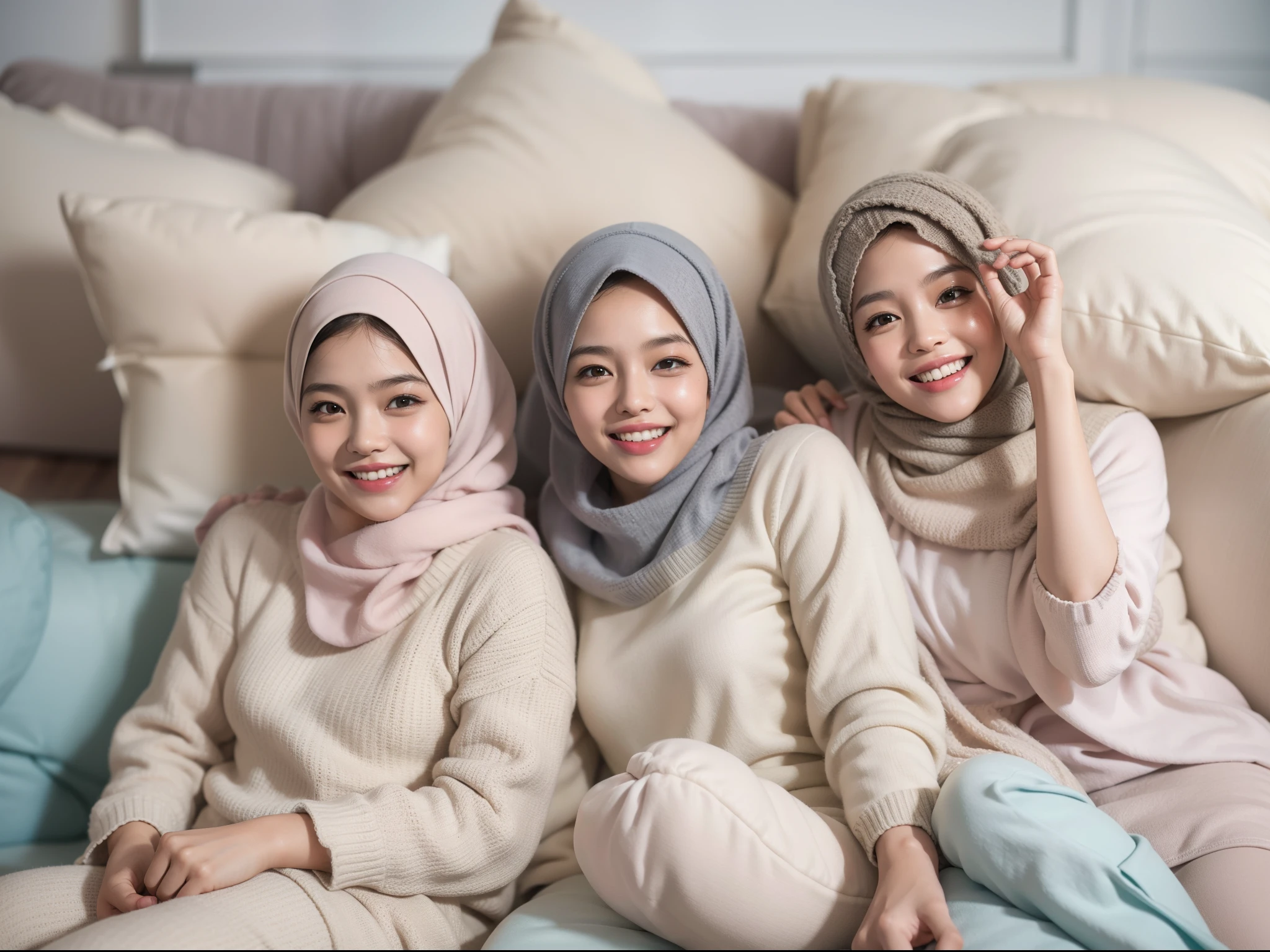 Two 20 yo woman, hijab, sweater, dark theme, soothing tones, muted colors, high contrast, (natural skin texture, hyperrealism, soft light, sharp), simple background, slim body with big breast, (big size breast: 1.6) using off shoulder tight clothes, giant tits, big breast, breast bigger than torso, using white sweater, using black hijab, gigantic breast, gigantic , sweet smiling, sitting while spreading legs, half naked (using sweater, not using pants) naked, half naked, naked with hijab 