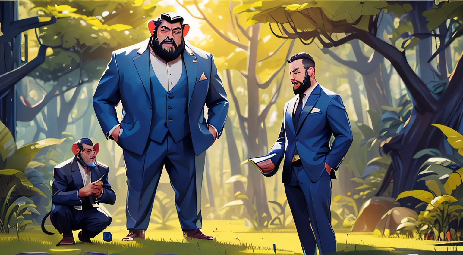 Create the image of a businessman man, with short black hair and beard, and is wearing a blue suit. the man who is standing in front of a tree. In the tree there is a small chimpanzee, young and thin, in the style of the film Planet of the Apes. They are in a forest, and the chimpanzee is handing the man a magazine.