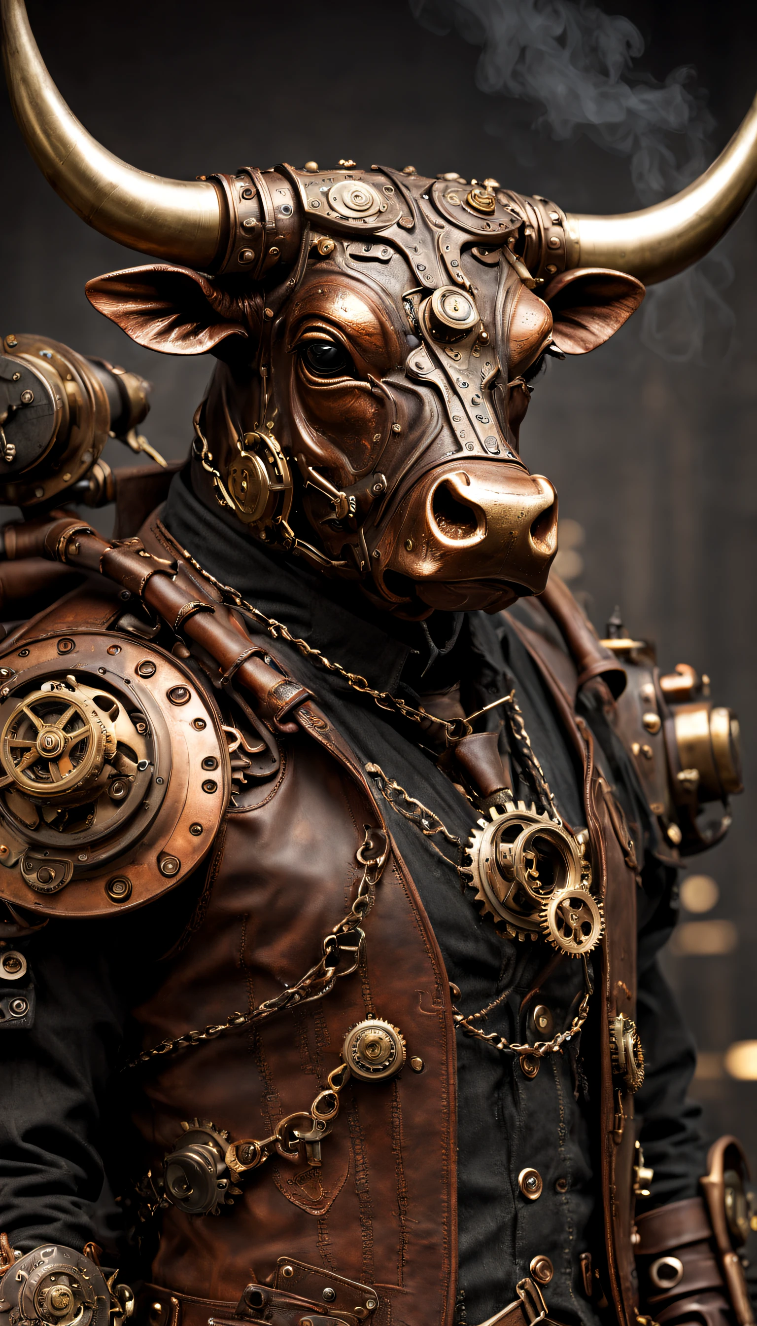 steampunc，((Anthropomorphic bull))，musculous，Steampunk clothing，Mechanical gears integrated into clothing，Intricate patterns on clothing，(sturdy leather boots)，Steam power accessories，Brass buttons and buckles、copper accents、metal arm gloves、Gears and cogs protruding from the arms、Smoke and steam emitted by characters、melancholy lighting、Dark and atmospheric background、Rusty metal texture、Vintage color palette、Tough and rugged aesthetic、Energetic posture、Art Nouveau inspiration，dramatic shadow，intricate tattoos。（best qualtiy，4k，8k，Tall structures，tmasterpiece：1.2）。