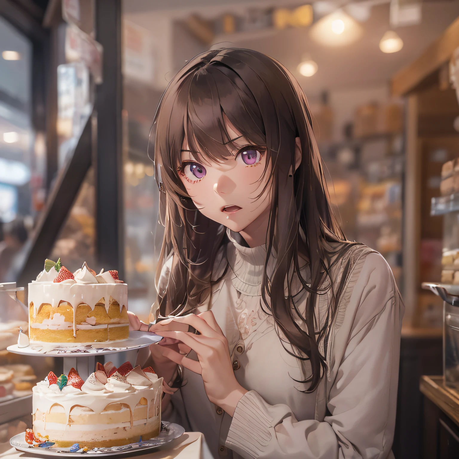 masterpiece、top-quality、(brown colored long hair、I have bangs:1.1)、25 year old woman with purple eyes、Wearing a beige suit、(emphasis on the chest:1.1)、(serious facial expression:1.3)、(Staring:1.5)、(Close-up of the subject's face:1.3)、is standing、five perfect and beautiful fingers、Place the camera above the subject、The background is a cake shop、Bold composition、Upper body is shown、Alone、