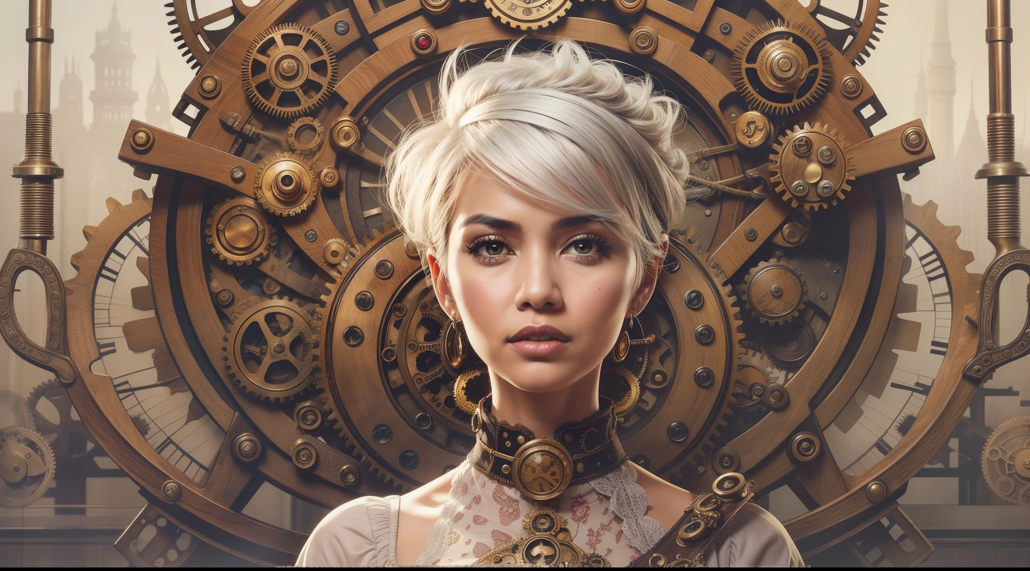 Design a steampunk-inspired portrait where the Malay woman wears a Victorian-era corset and gears-adorned attire, very short white pixie cut hair, surrounded by intricate steampunk machinery, symbolizing creativity and innovation,