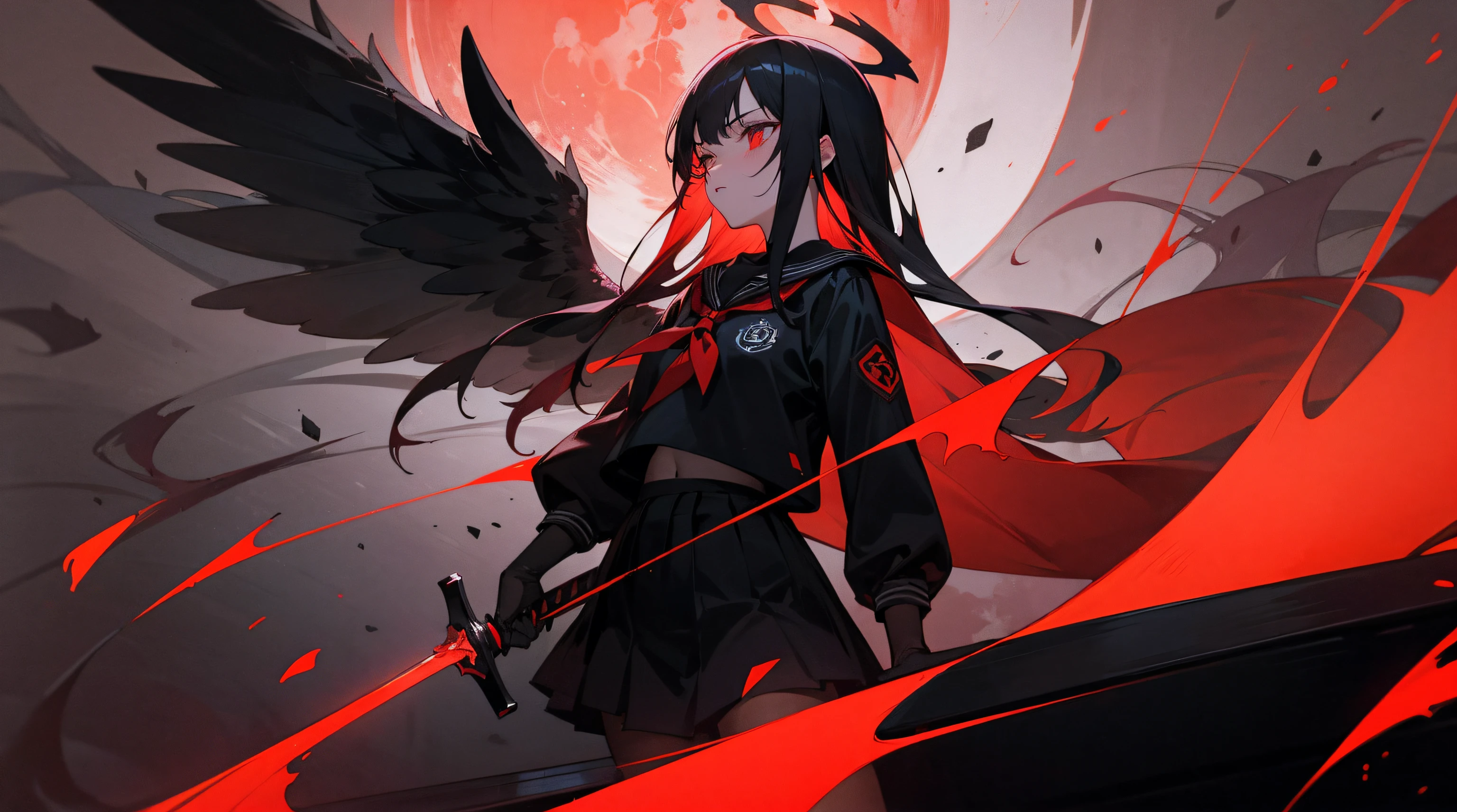 a beauty girl,Red and black sailor suit,Dark red edge black skirt,Long red and black hair,Dark brown thin pantyhose,Black short thin windbreaker,Red and black complex angel halo,Holding a long knife at the side,Red Ghost,Black and reddish crow wings,Red moon background,HighestQuali,floating red sword,ashes,Black coffin