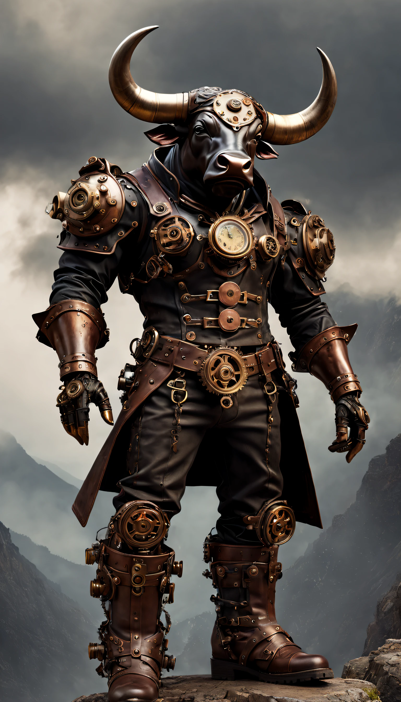 steampunc，((Anthropomorphic bull))，musculous，Steampunk clothing，Mechanical gears integrated into clothing，Intricate patterns on clothing，sturdy leather boots，Steam power accessories，Brass buttons and buckles、copper accents、metal arm gloves、Gears and cogs protruding from the arms、standing on top of a mountain，Smoke and steam emitted by characters、melancholy lighting、Dark and atmospheric background、Rusty metal texture、Vintage color palette、Tough and rugged aesthetic、Energetic posture、Art Nouveau inspiration，dramatic shadow，intricate tattoos。（best qualtiy，4k，8k，Tall structures，tmasterpiece：1.2）。