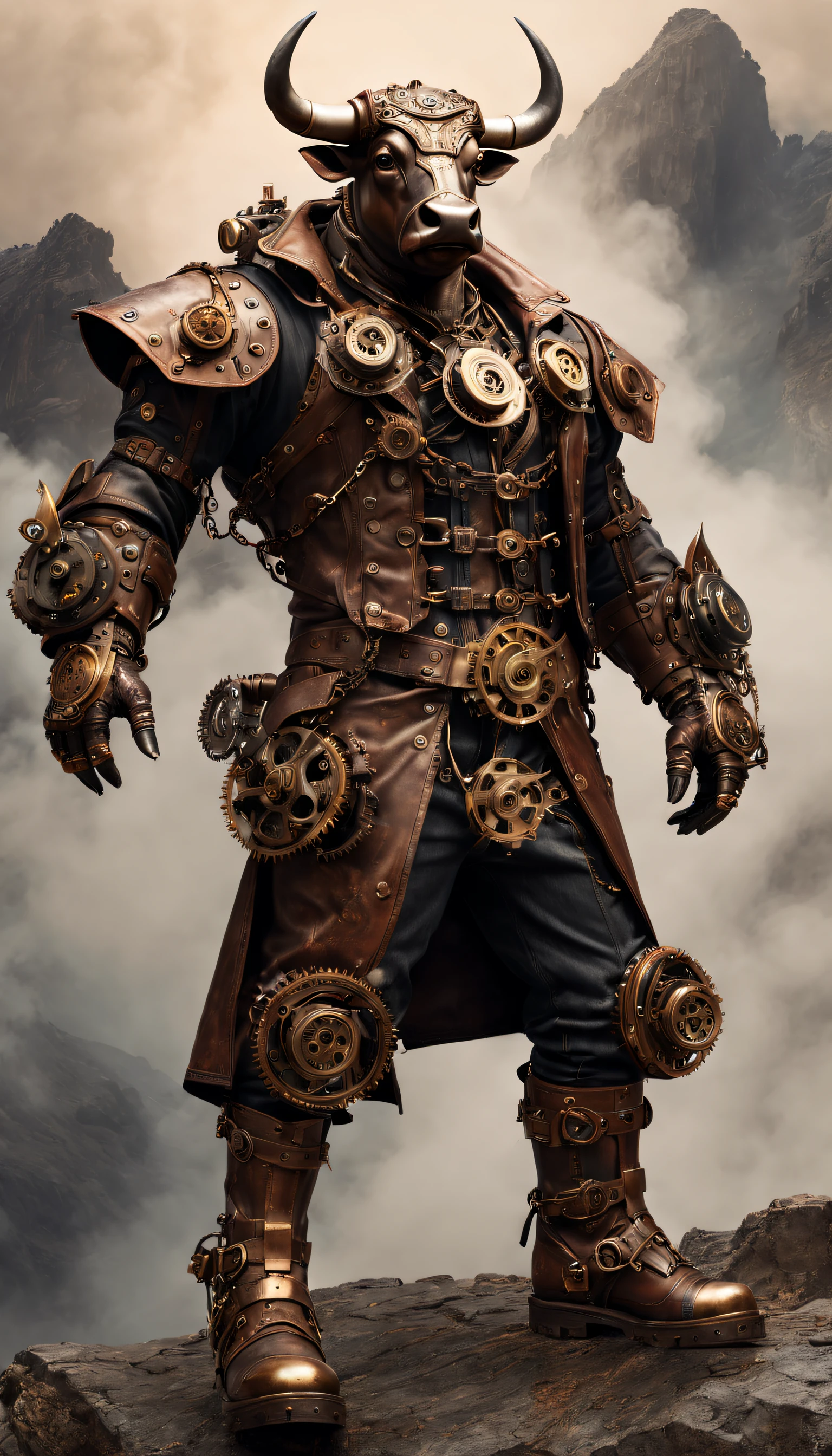 steampunc，((Anthropomorphic bull))，musculous，Steampunk clothing，Mechanical gears integrated into clothing，Intricate patterns on clothing，sturdy leather boots，Steam power accessories，Brass buttons and buckles、copper accents、metal arm gloves、Gears and cogs protruding from the arms、standing on top of a mountain，Smoke and steam emitted by characters、melancholy lighting、Dark and atmospheric background、Rusty metal texture、Vintage color palette、Tough and rugged aesthetic、Energetic posture、Art Nouveau inspiration，dramatic shadow，intricate tattoos。（best qualtiy，4k，8k，Tall structures，tmasterpiece：1.2）。