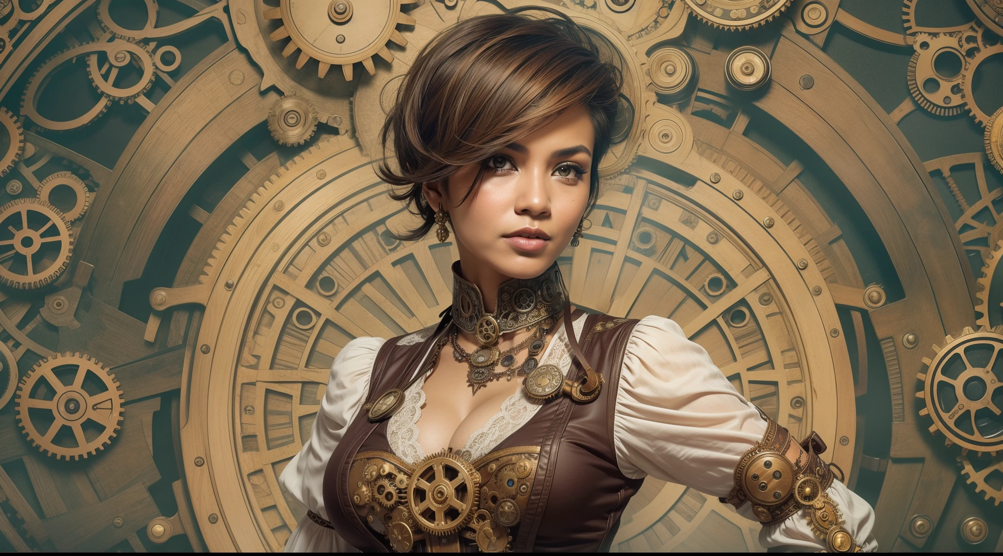 Design a steampunk-inspired portrait where the Malay woman wears a Victorian-era corset and gears-adorned attire, very short white pixie cut hair, surrounded by intricate steampunk machinery, symbolizing creativity and innovation,
