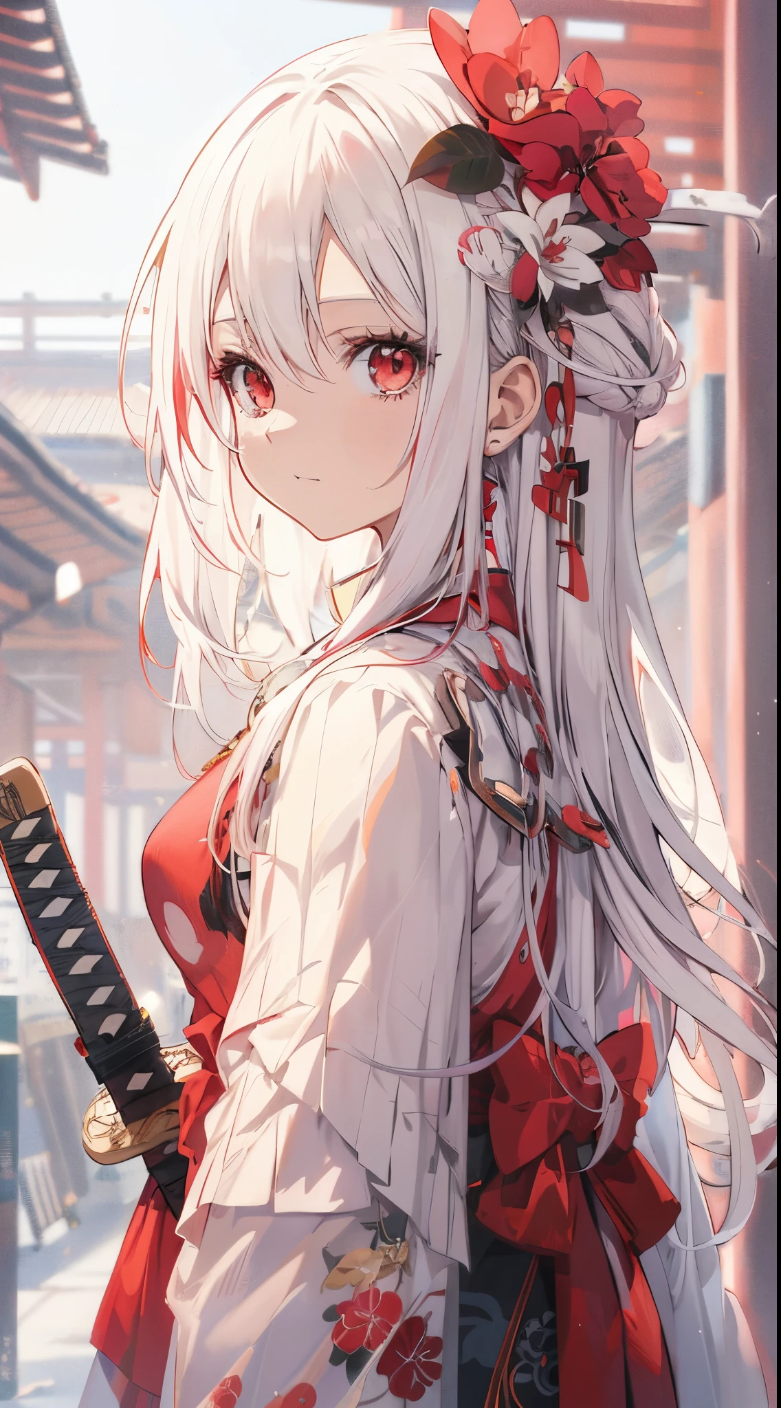 Anime girl with long white hair and red flowers in her hair, white haired god, anime style 4 k, best anime 4k konachan wallpaper, clean detailed anime art, anime art wallpaper 4k, anime art wallpaper 4k, 4 k manga wallpaper, Anime art wallpaper 8k, anime wallpaper 4 k, anime wallpaper 4k, perfect gray hair girl