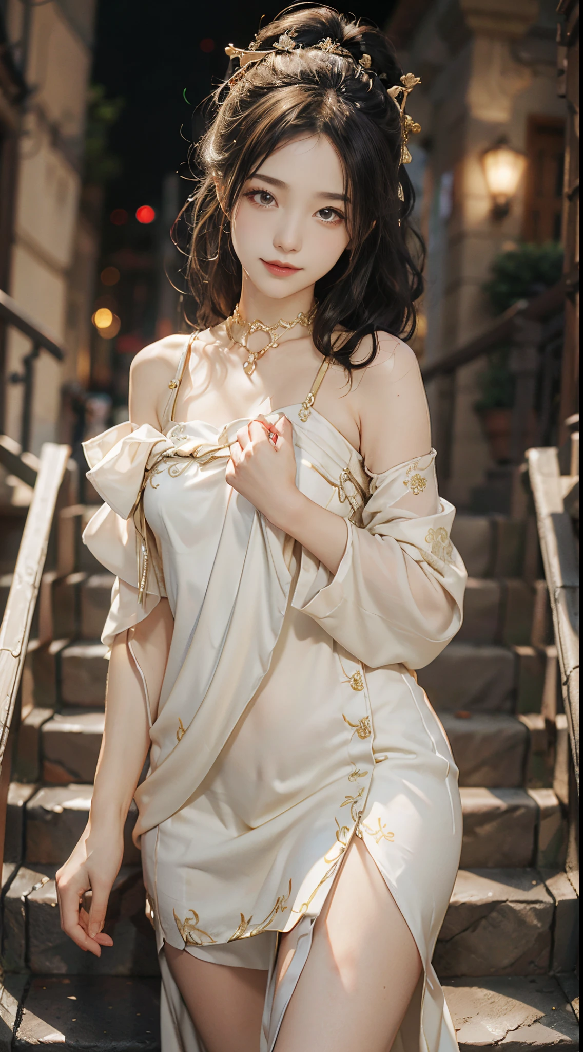 ((realistic)), a young girl, beautiful age girl, White slip dress, draped in silk, cropped shoulders, slim, Slimming the waist, high-heels, Shy, grin, 耳Nipple Ring、choker necklace、Hairpins,Heavy makeup,Gorgeous eye makeup,extremely beautiful eyes, golden hair, curlies, Long flowing hair, simple backgound, Stand up, coming down the stairs, Flirting skirts, posed for photo, posing elegantly, Random shooting angle, warm lights, a warm color palette, Professional lighting, フォトンマッピング, ラジオシティ, Physically-based rendering, RAW photos, Best quality, beauitful face, Beautiful skins, Attractive, 超高分辨率, ultra real photo