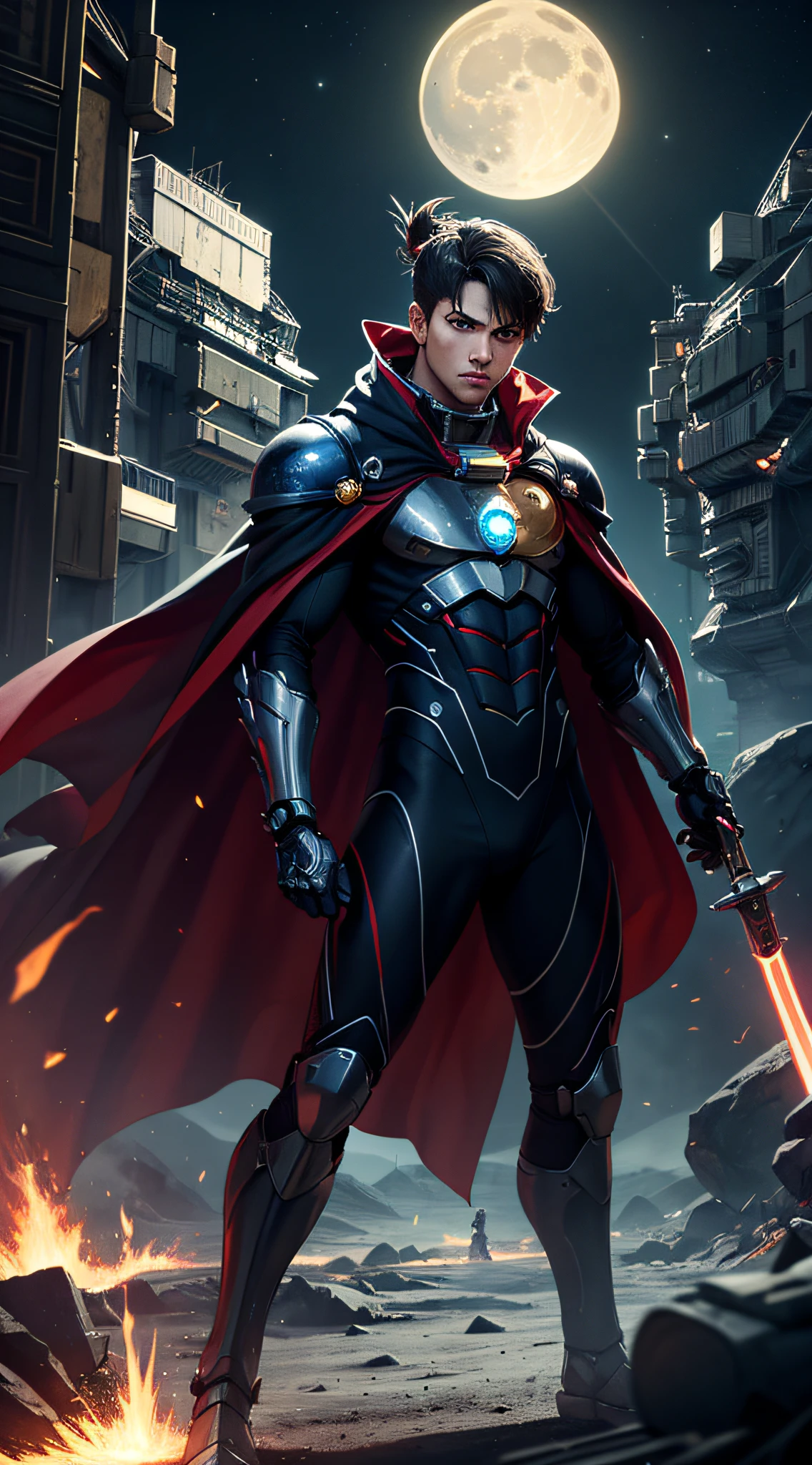 top-quality、Top image quality、masterpiece、hiquality、Beautiful Art、masutepiece、visualart、depth of fields、male people((in her 20s、well-muscled、Black and red bodysuit、left arm machine gun、Right Arm Laser Sword、Glowing chest、mechanical cloak、blue eyess、spiny feet)),Background with((Lunar base、battle field),