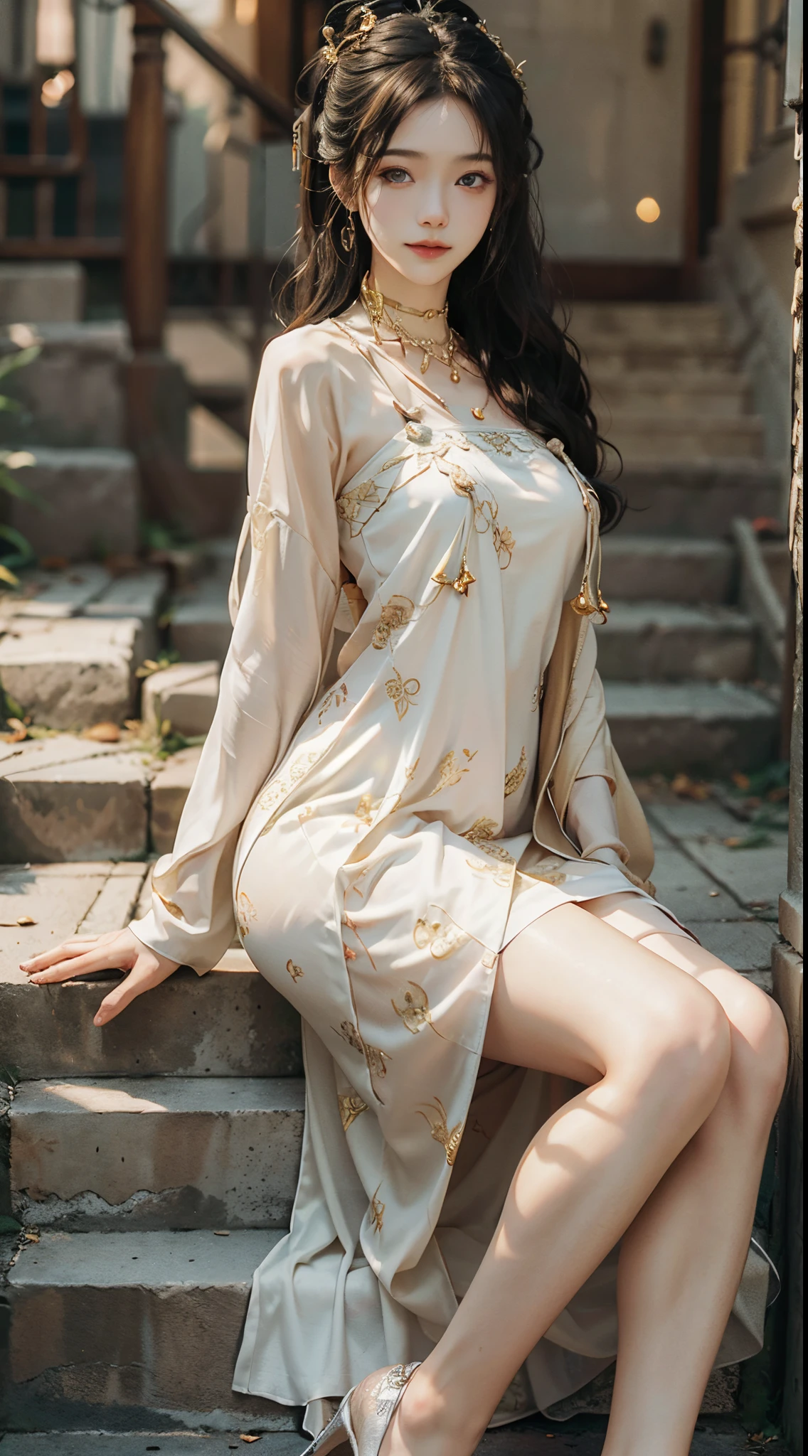 nsfw, 8K raw photo, Best quality, masterpiece, ultra high res, looking at viewer, (long brown hair:1.2), natural skin texture, realistic eye and face details, rouge \(makeup\), full lips, lipstick, beautiful legs, tall female, skinny, slim_legs, thigh_gap, model, medium breasts, sitting, (spread legs:1.5), library, indoors, China Dress,