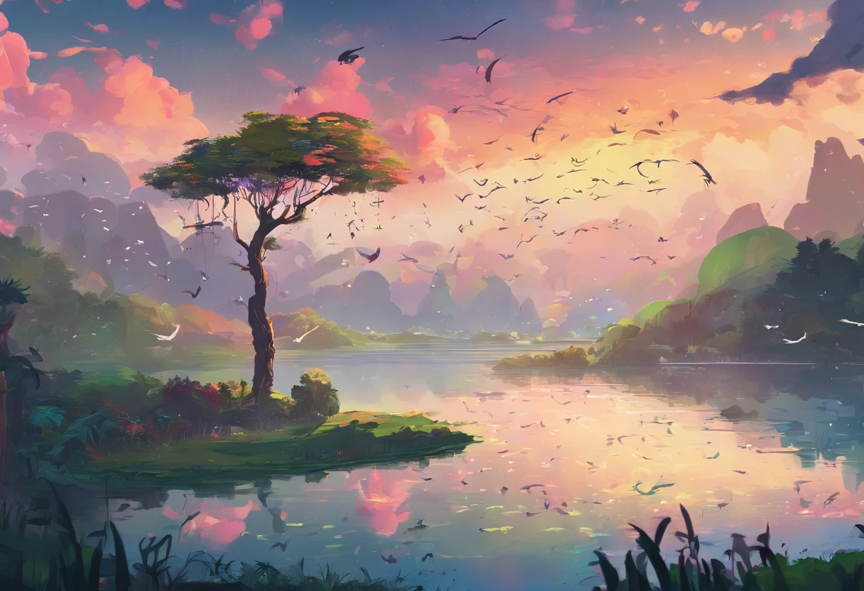 ((A rainbow appears in the sky after rain)),baiyun, After the rain, Calm lake, Inverted image, Tree contours, Birds fly, freshen, Magical, Beautiful natural scenery