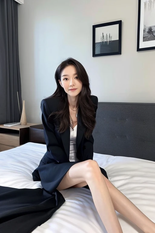 a skinny woman wearing a suit is sitting on a bed, 40 years old woman, straight long hair, small waist, slender legs, posing for a camera