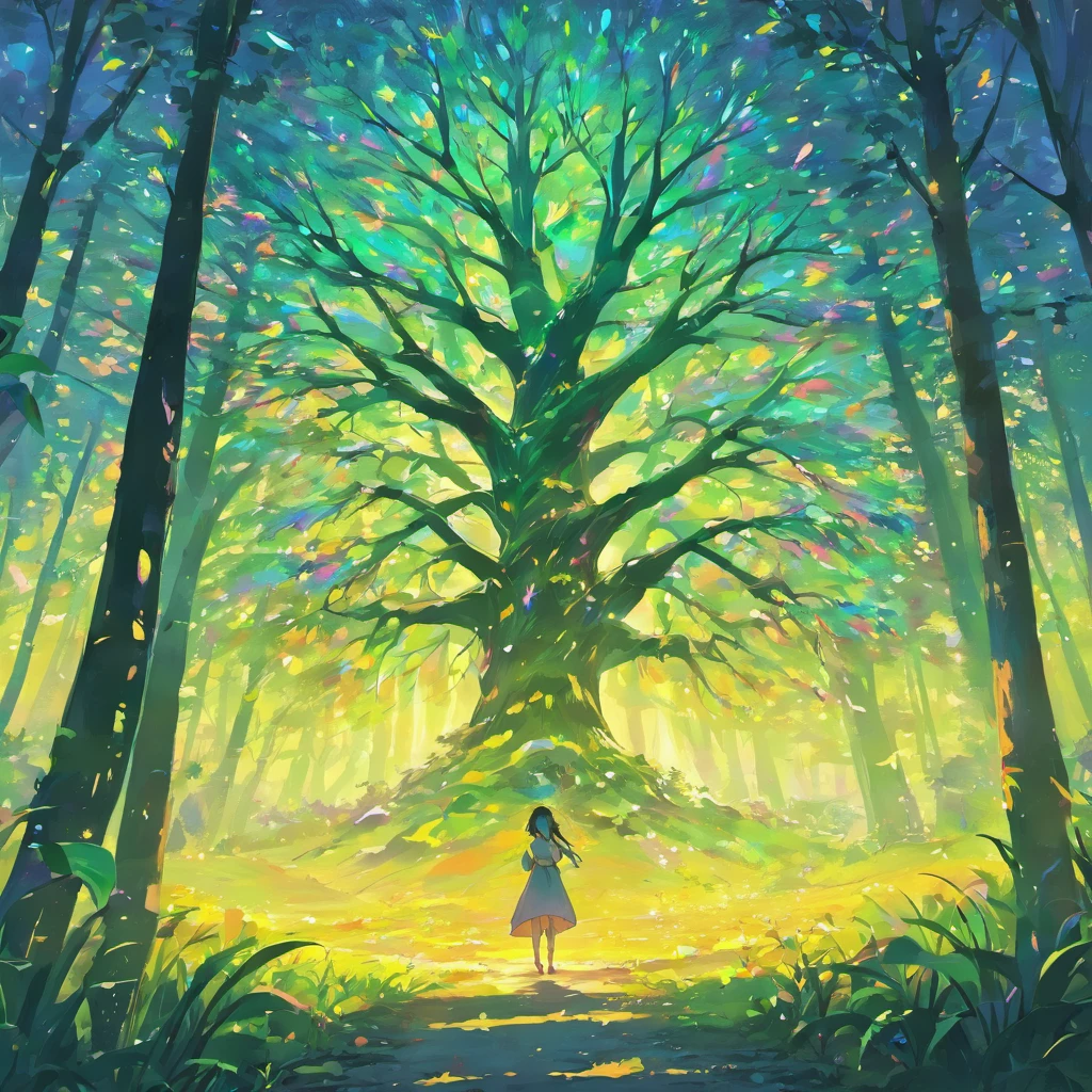 "A tree with bright rainbow-colored leaves, Casting its majestic shadow over an enchanting fantasy village."