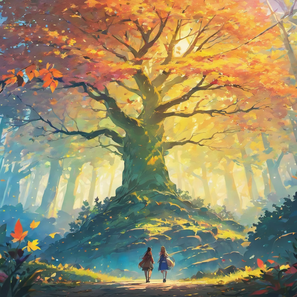 "A tree with bright rainbow-colored leaves, Casting its majestic shadow over an enchanting fantasy village."