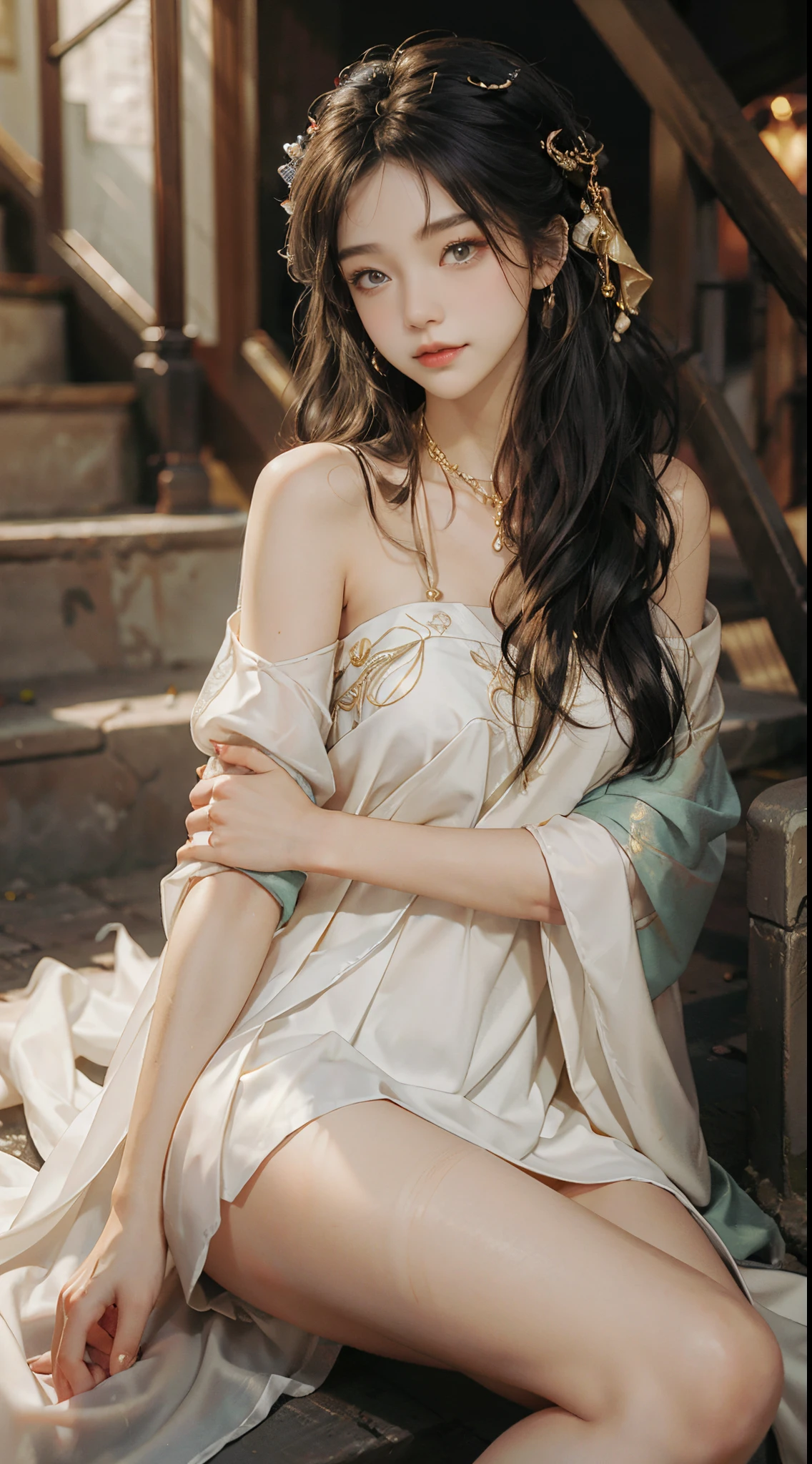 ((realistic)), a young girl, beautiful teenage girl, White slip dress, draped in silk, cropped shoulders, slim, Slimming the waist, high-heels, Shy, grin, 耳Nipple Ring、choker necklace、Hairpins，Heavy makeup，Gorgeous eye makeup，extremely beautiful eyes, golden hair, curlies, Long flowing hair, simple backgound, Sit Pose, Stairwell, sit on stairs, Cross ed leg, Flirting skirts, posed for photo, posing elegantly, Random shooting angle, warm lights, a warm color palette, Professional lighting, フォトンマッピング, ラジオシティ, Physically-based rendering, RAW photos, Best quality, beauitful face,  Beautiful skins， Attractive， 超高分辨率， ultra real photo