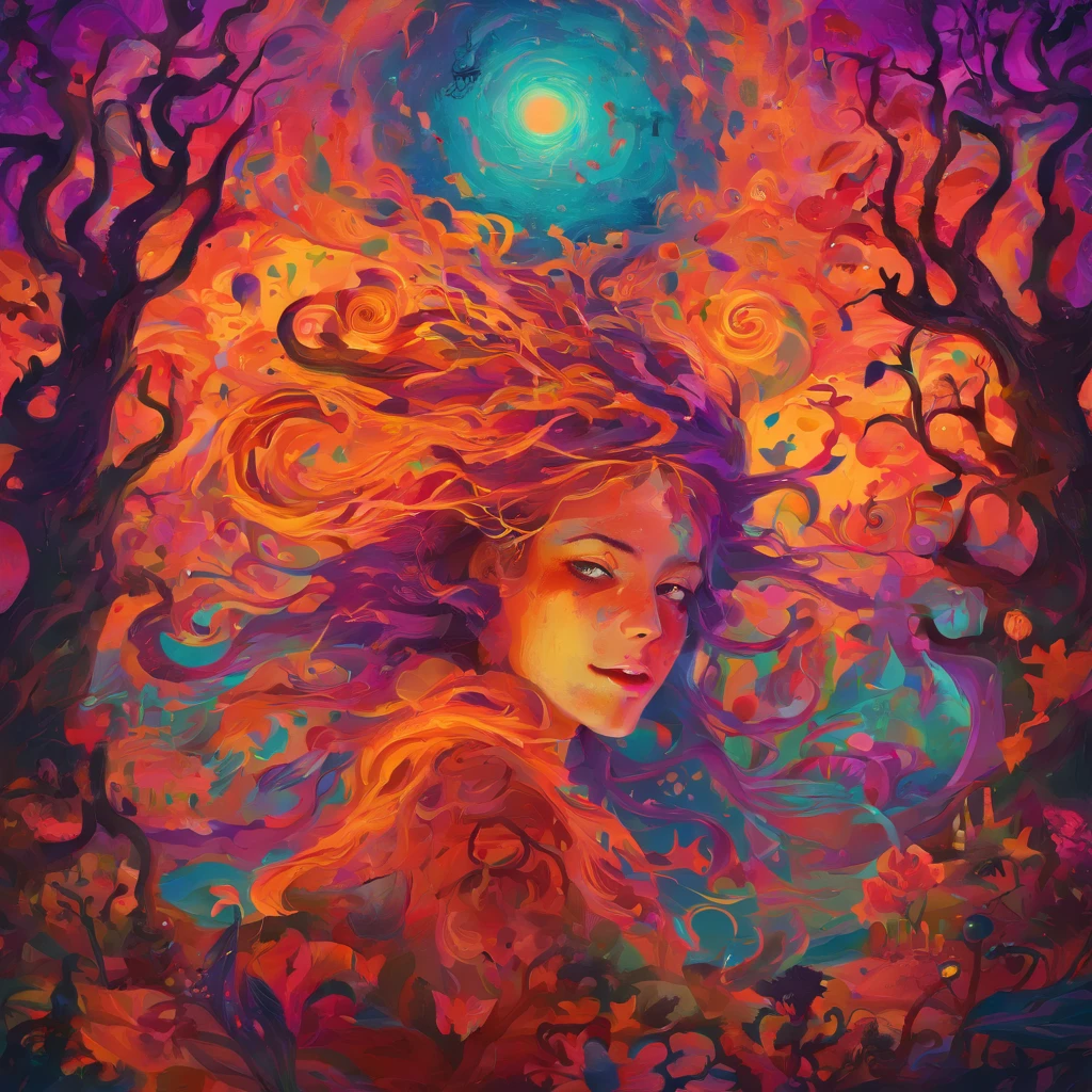 "(Best Quality, hight resolution, Ultra-detailed), Goddess casting mysterious glowing spells in a haunted forest, Shades of orange and purple, Portraits, Vivid colors, extreme detail description, Sharp Focus, Physically-based rendering, Studio Lighting, Horror, Witch, Magical, creepy atmosphera, Swirling mist, ethereal glow, ancient tree, Twisted branches, Moonlit sky, Mysterious Shadow, charmed, Enchanting, Undeservedly beautiful"