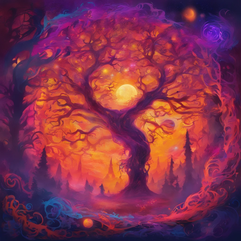 "(Best Quality, hight resolution, Ultra-detailed), Goddess casting mysterious glowing spells in a haunted forest, Shades of orange and purple, Portraits, Vivid colors, extreme detail description, Sharp Focus, Physically-based rendering, Studio Lighting, Horror, Witch, Magical, creepy atmosphera, Swirling mist, ethereal glow, ancient tree, Twisted branches, Moonlit sky, Mysterious Shadow, charmed, Enchanting, Undeservedly beautiful"