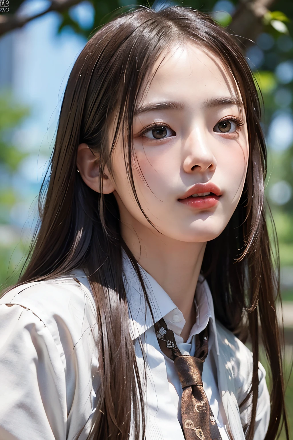 photorealistic, masterpiece, best quality, raw photo, 1girl, solo, long hair, brown hair, detailed face, alluring face, collared shirt, medium breasts, dynamic pose, looking at viewer, from below, detailed background, fine detailed, intricate detail, ray tracing, depth of field, low key, hdr