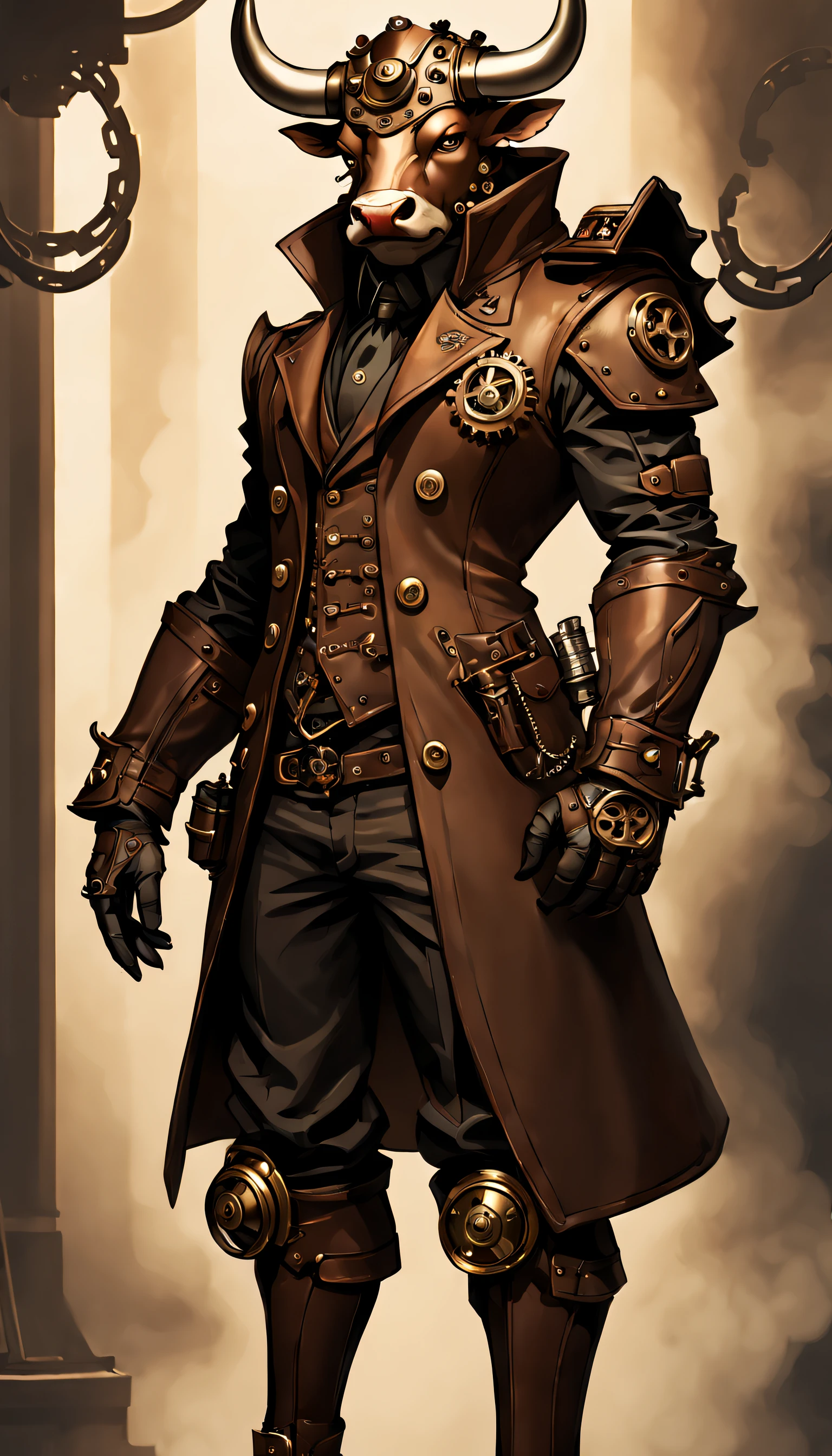 steampunc，(Anthropomorphic bull)，musculous，Steampunk clothing，Mechanical gears integrated into clothing，Intricate patterns on clothing，sturdy leather boots，Steam power accessories，Brass buttons and buckles、copper accents、metal arm gloves、Gears and cogs protruding from the arms、Smoke and steam emitted by characters、melancholy lighting、Dark and atmospheric background、Rusty metal texture、Vintage color palette、Tough and rugged aesthetic、Energetic posture、Art Nouveau inspiration，dramatic shadow，intricate tattoos。（best qualtiy，4k，8k，Tall structures，tmasterpiece：1.2）。