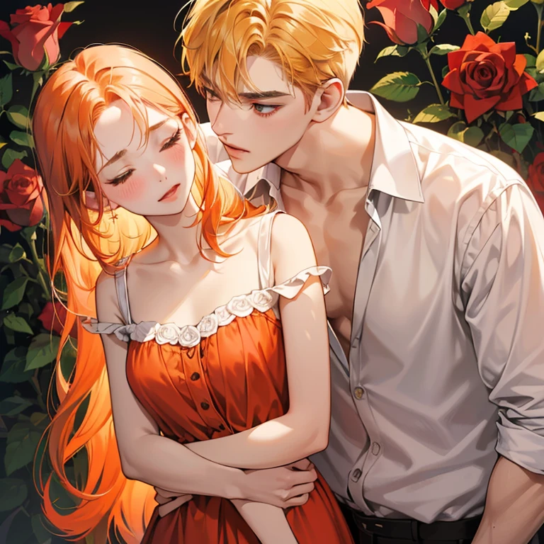 (absurdres, highres, ultra detailed), couple, 1 boy blonde hair, 1 girl with red-orange hair, different hair color, (1 female with long red-orange hair wearing green nightgown, blushing, facing the front), (1 tall male with blonde hair, wearing a white shirt, open chest, holding female from behind and kissing her neck with his eyes closed) roses background