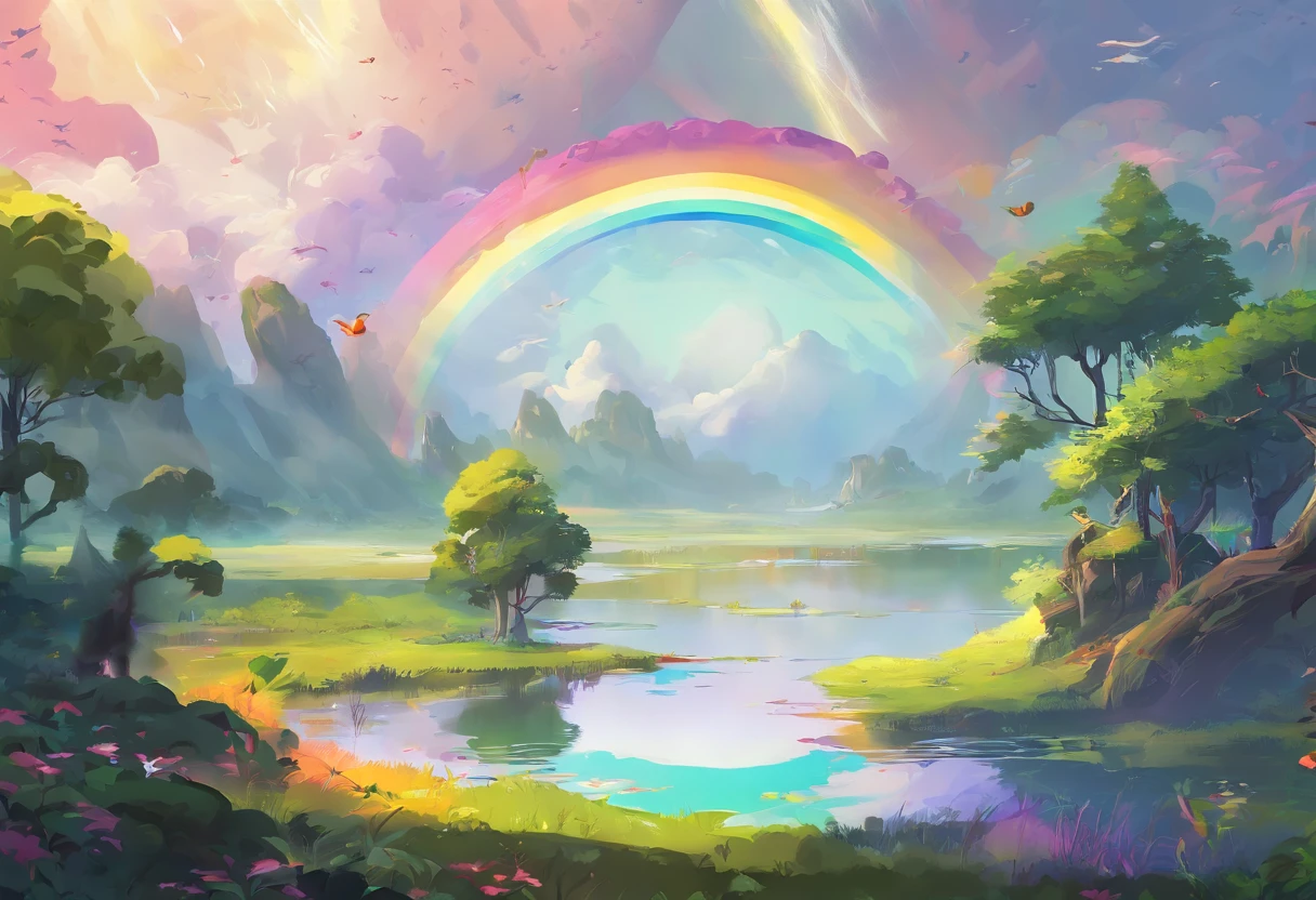 ((A rainbow appears in the sky after rain)),baiyun, After the rain, Calm lake, Inverted image, Tree contours, Birds fly, freshen, Magical, Beautiful natural scenery