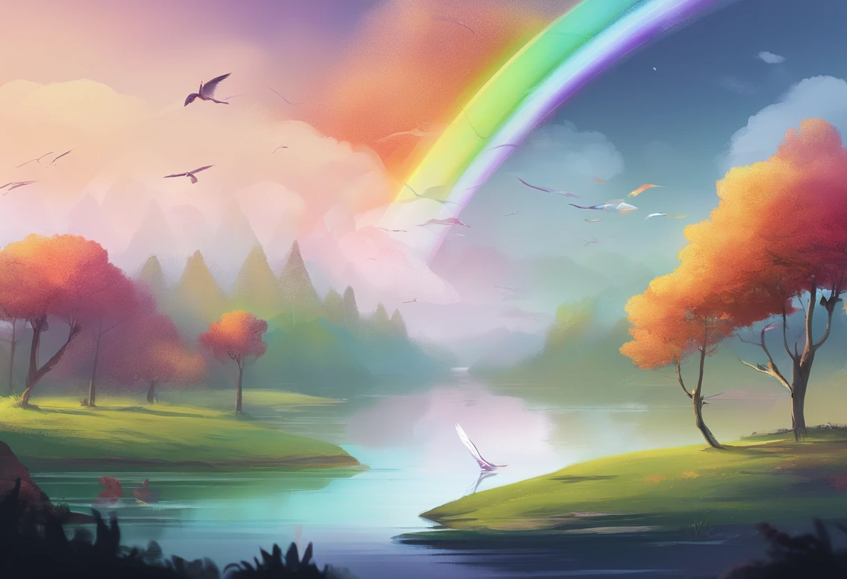 ((A rainbow appears in the sky after rain)),baiyun, After the rain, Calm lake, Inverted image, Tree contours, Birds fly, freshen, Magical, Beautiful natural scenery