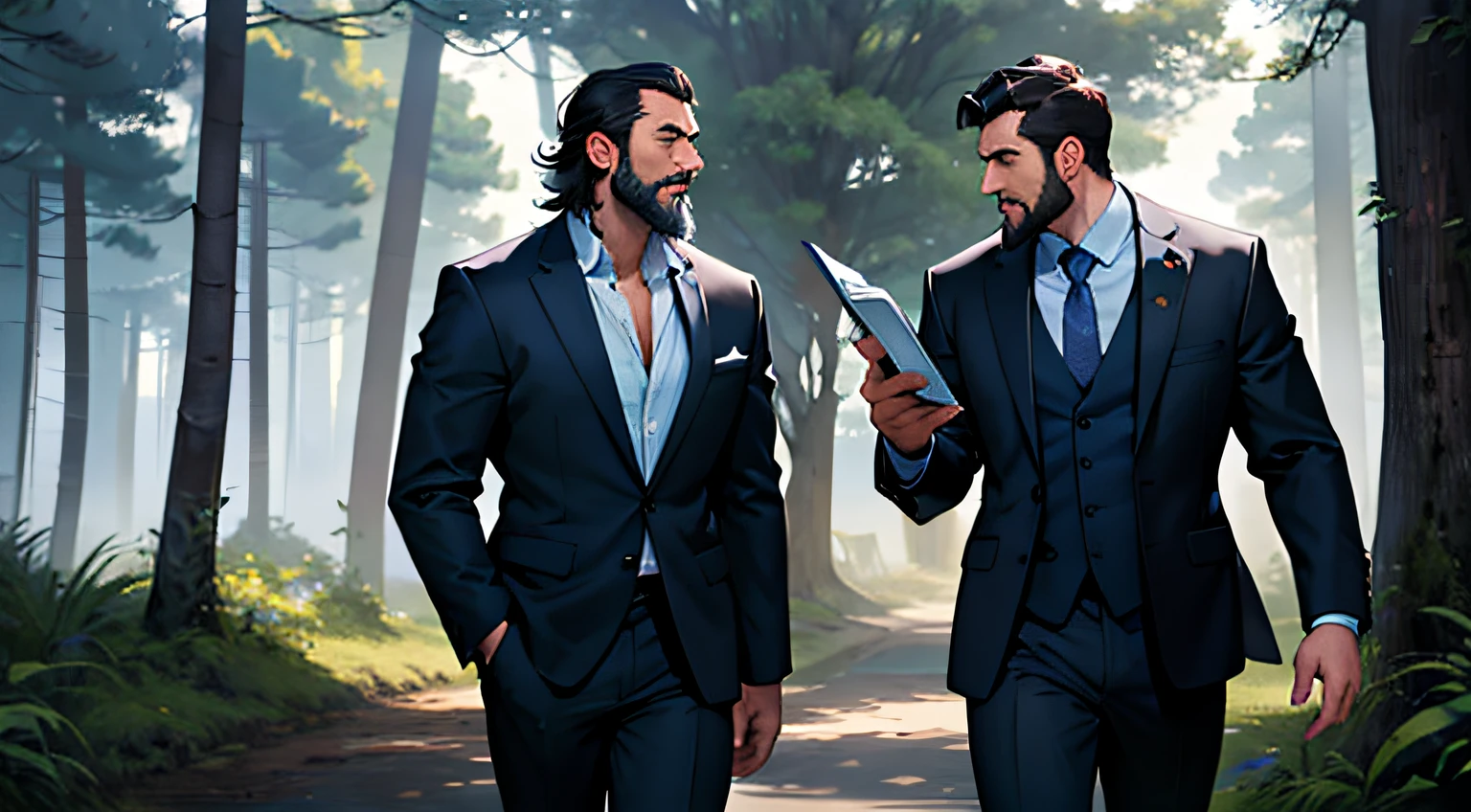 Create the image of a businessman man, with short black hair and beard, and is wearing a blue suit. the man who is standing in front of a tree. In the tree there is a small chimpanzee, young and thin, in the style of the film Planet of the Apes. They are in a forest, and the chimpanzee is handing the man a magazine.