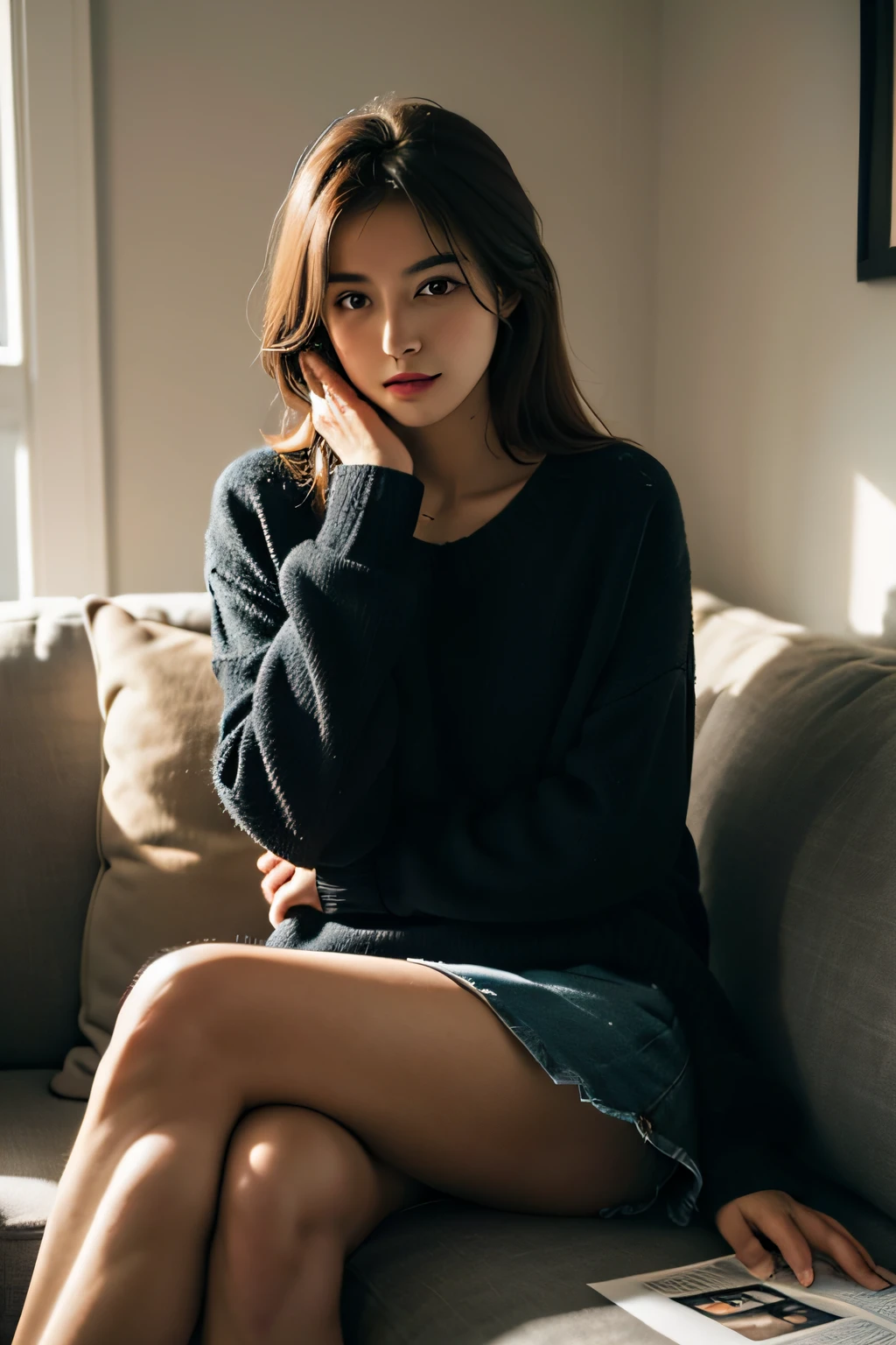 1girl,sitting on a cozy couch,crossing legs,soft light