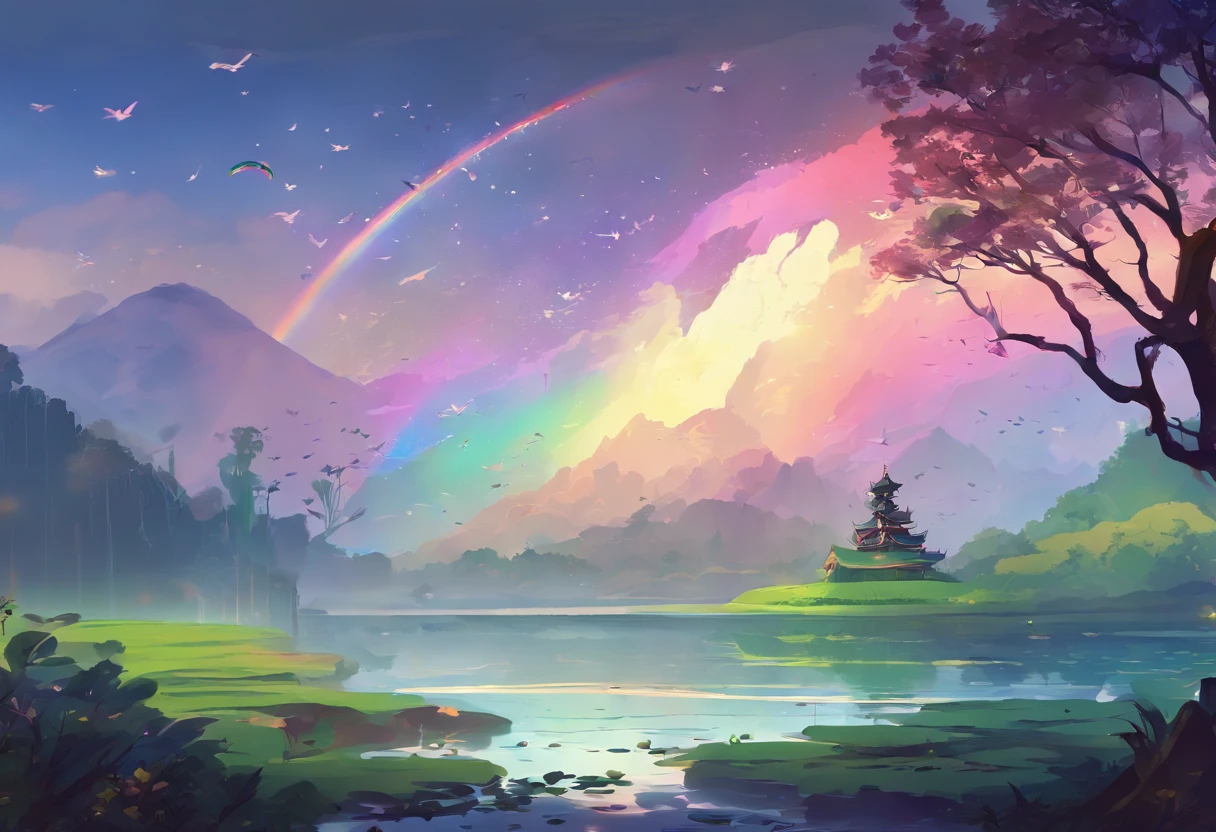 （（A rainbow appears in the sky after rain）），baiyun, After the rain, Calm lake, Inverted image, Tree contours, Birds fly, freshen, Magical, Beautiful natural scenery