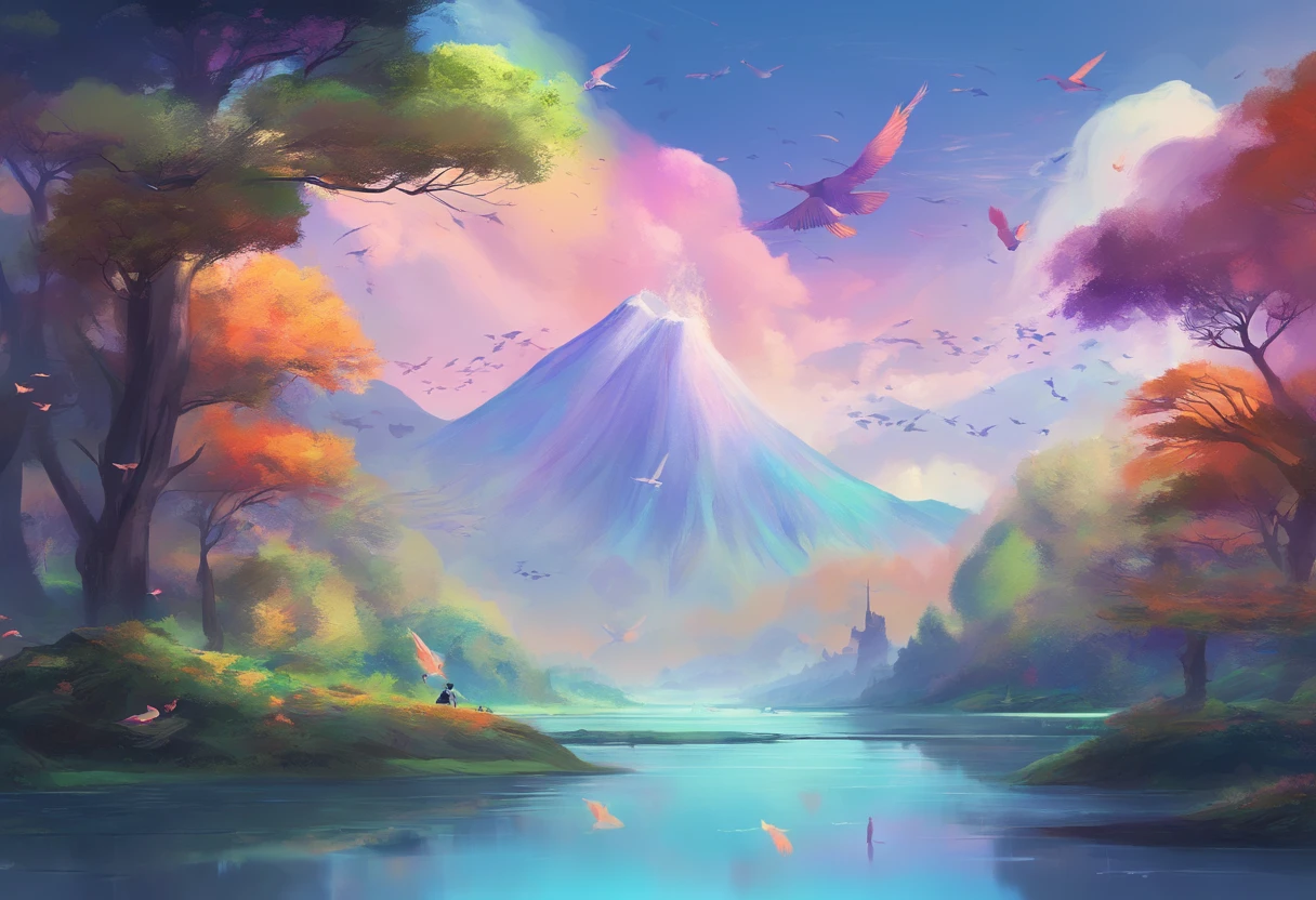 ((A rainbow appears in the sky after rain)),baiyun, After the rain, Calm lake, Inverted image, Tree contours, Birds fly, freshen, Magical, Beautiful natural scenery