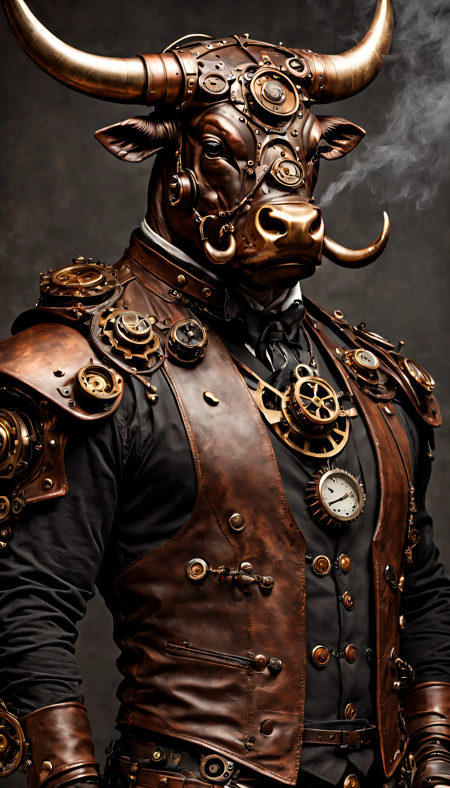 steampunc，((Anthropomorphic bull))，musculous，Steampunk clothing，Mechanical gears integrated into clothing，Intricate patterns on clothing，(sturdy leather boots)，Steam power accessories，Brass buttons and buckles、copper accents、metal arm gloves、Gears and cogs protruding from the arms、Smoke and steam emitted by characters、melancholy lighting、Dark and atmospheric background、Rusty metal texture、Vintage color palette、Tough and rugged aesthetic、Energetic posture、Art Nouveau inspiration，dramatic shadow，intricate tattoos。（best qualtiy，4k，8k，Tall structures，tmasterpiece：1.2）。