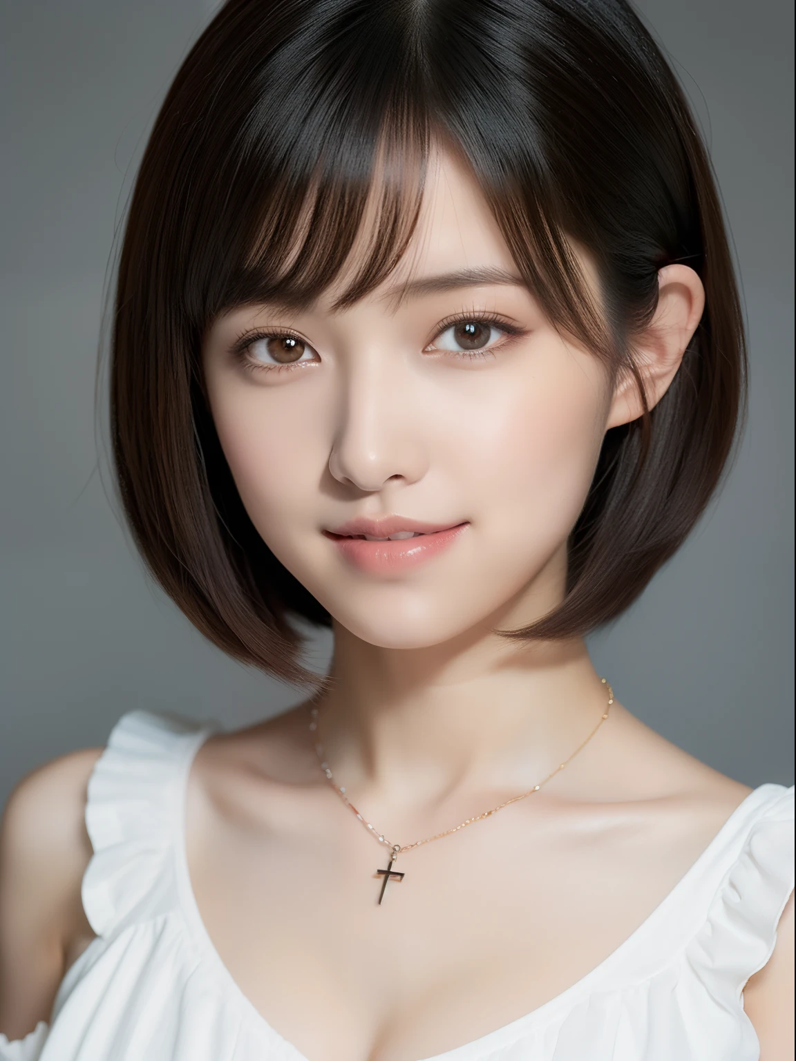 (top-quality, masterpiece, hight resolution), Beautiful 18 year old woman。She wears a white off-the-shoulder with white ruffles that only hide her breasts。kindly smile、Show your teeth a little。Short Bob Hair Straight、(Voluminous short bob、Trimming the bob、straight haired、Straight bangs、On-eyebrow bangs)、Bob with only one ear out、foco nítido、(电影灯光)、鎖骨、ear ornament、a necklace、Light gray background